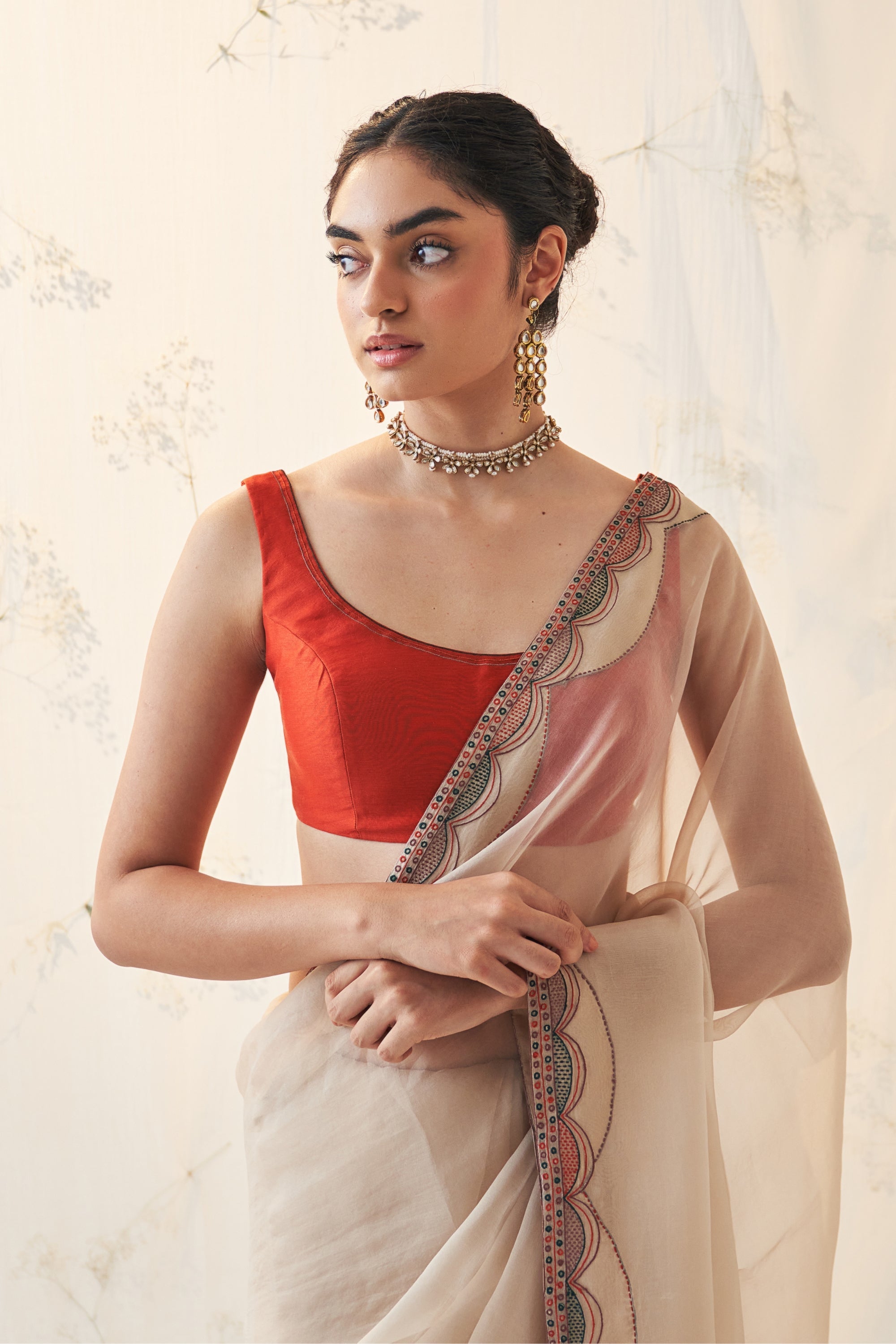 Champagne Gold Organza Saree Comes With Orange Chanderi Stitched Blouse & Organic  Cotton Stitched Petticoat