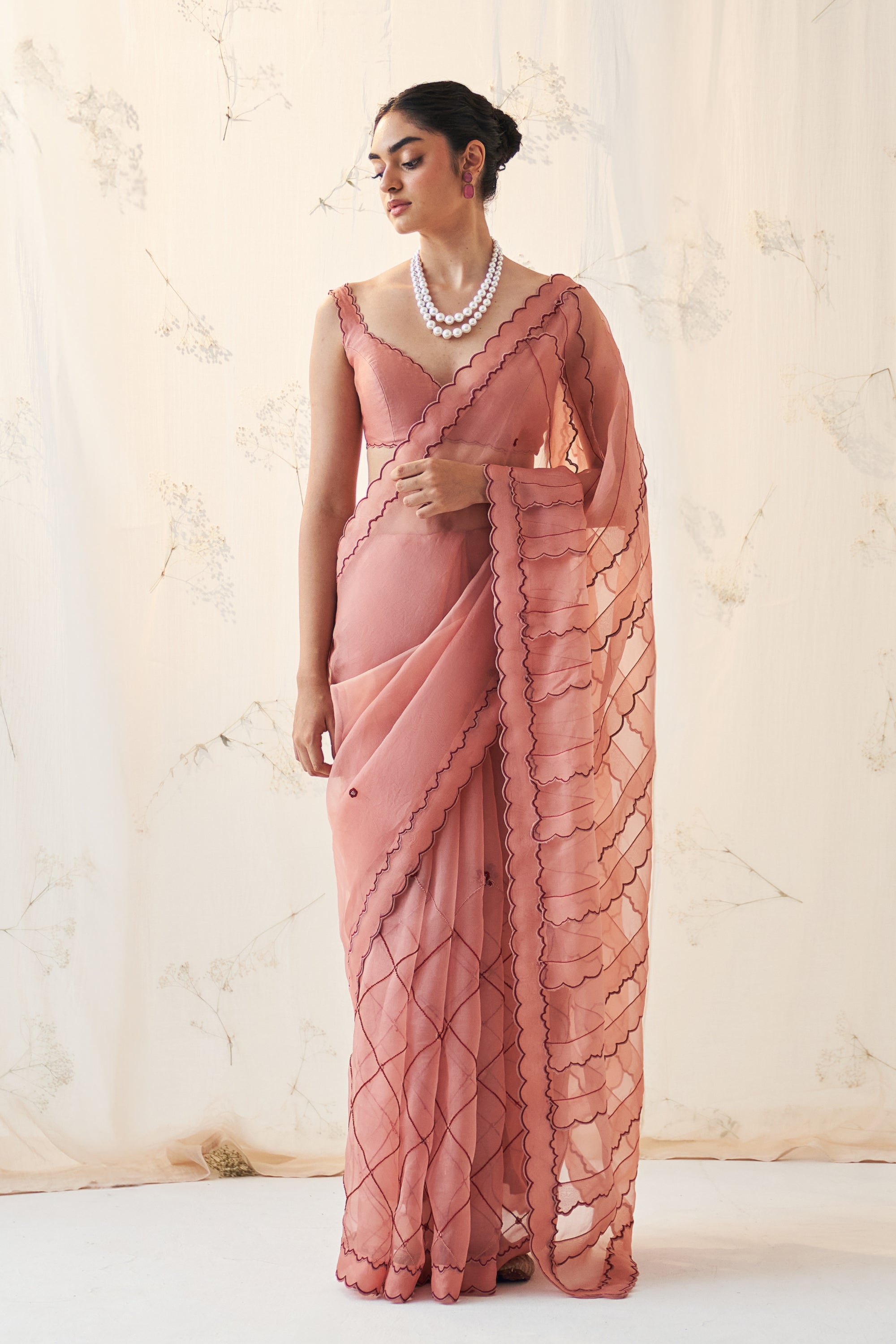 Peach Organza Saree Comes With  Chanderi Stitched Blouse & Organic Cotton Stitched Petticoat