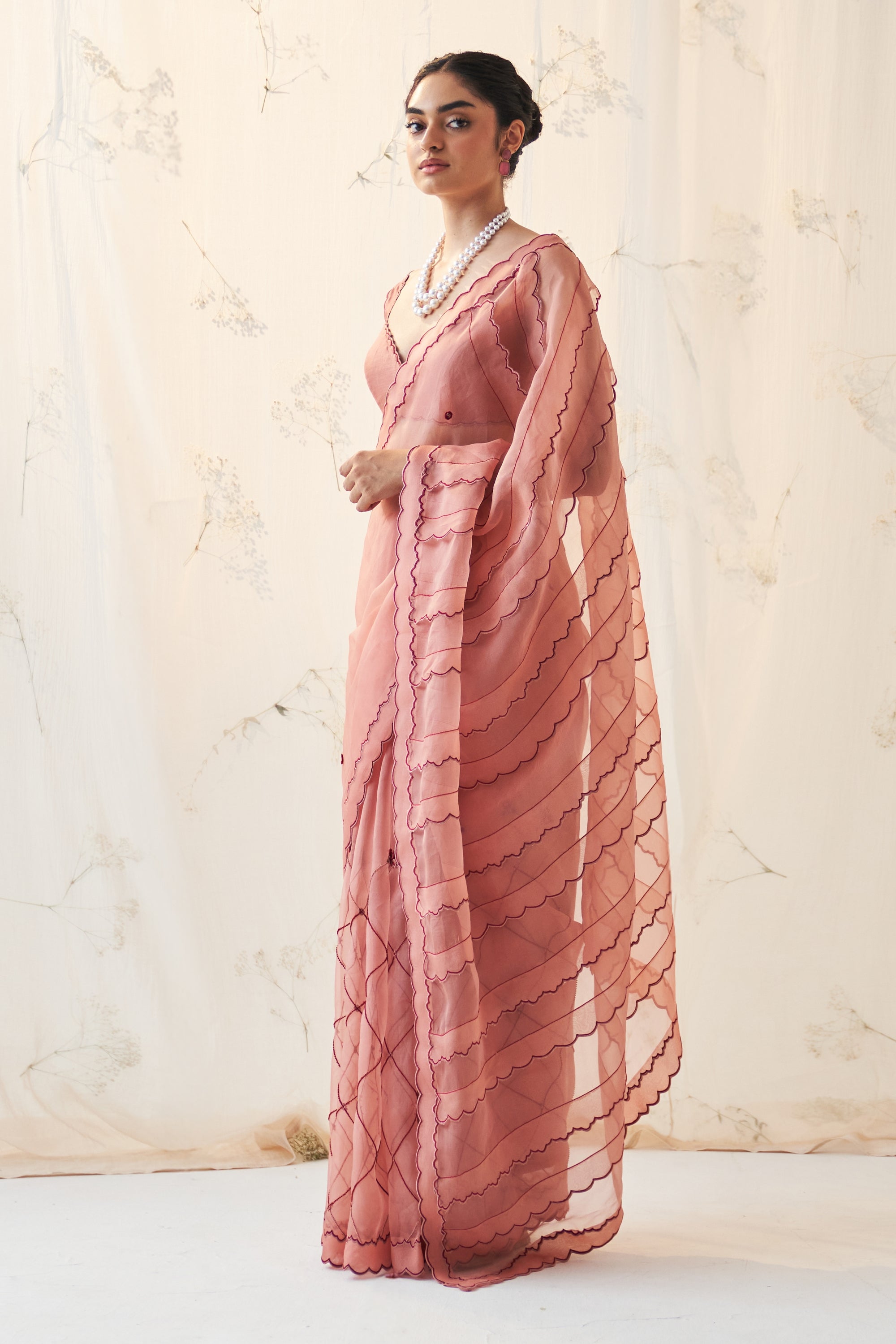 Peach Organza Saree Comes With  Chanderi Stitched Blouse & Organic Cotton Stitched Petticoat