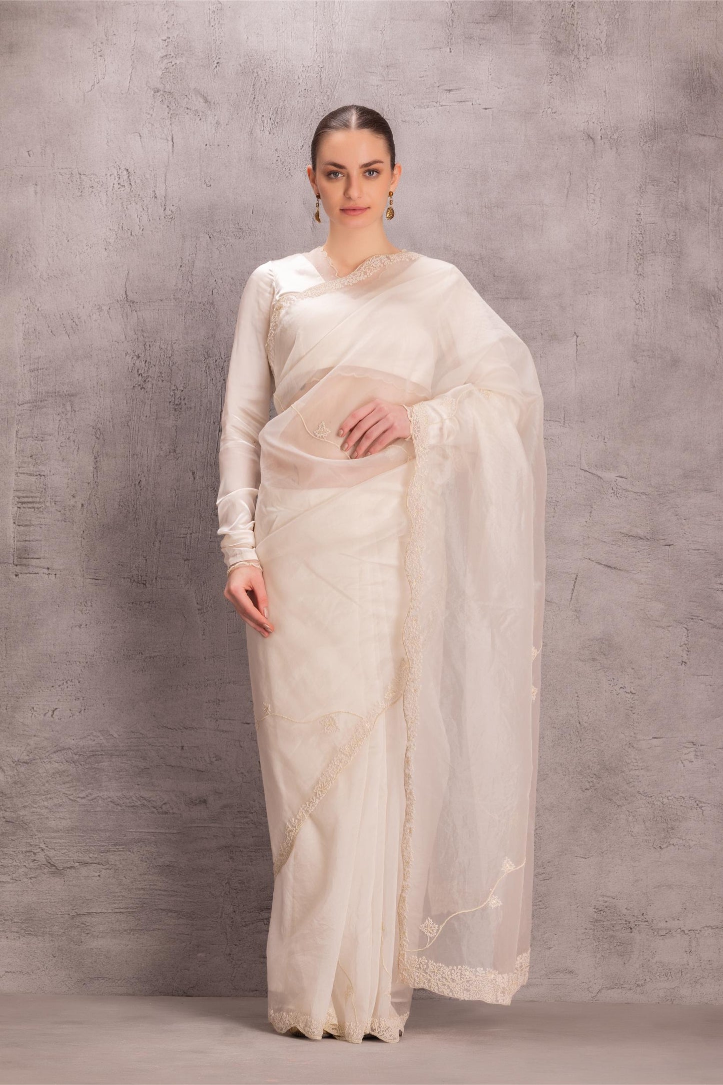 Pristine White Saree Comes With Satin Silk Stitched Blouse & Organic Cotton Stitched Petticoat (3Pcs)