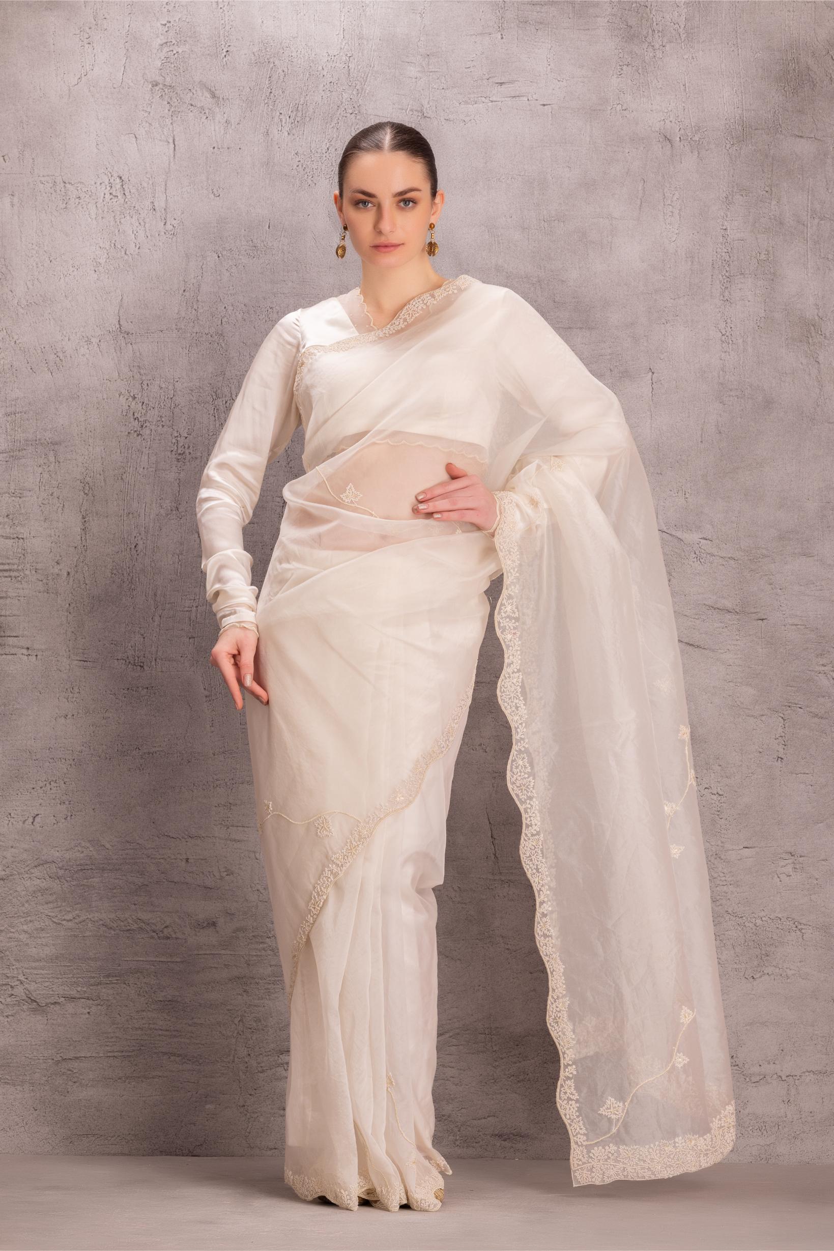 Pristine White Saree Comes With Satin Silk Stitched Blouse & Organic Cotton Stitched Petticoat (3Pcs)