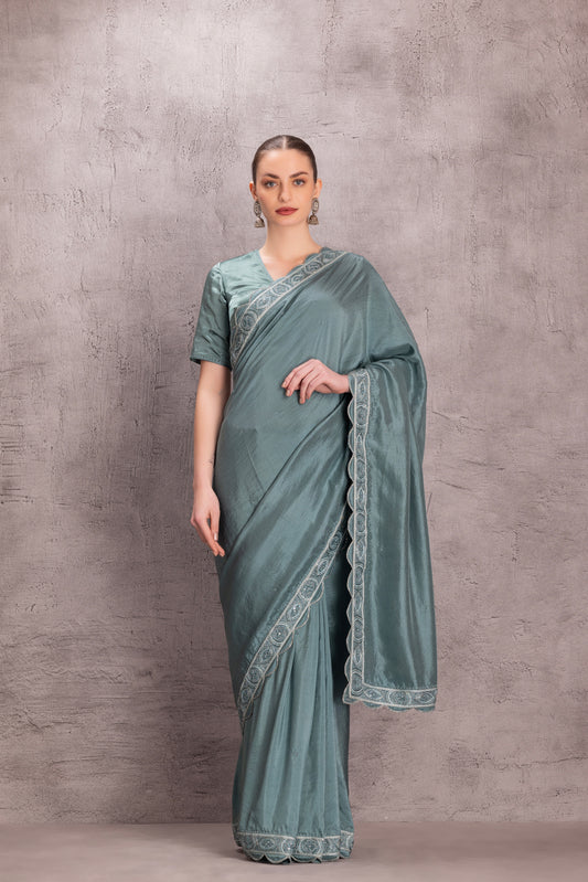 Sky Blue Pure Silk Saree Comes With Embroidered Satin Silk Stitched Blouse & Organic Cotton Stitched Petticoat (3 Pcs)