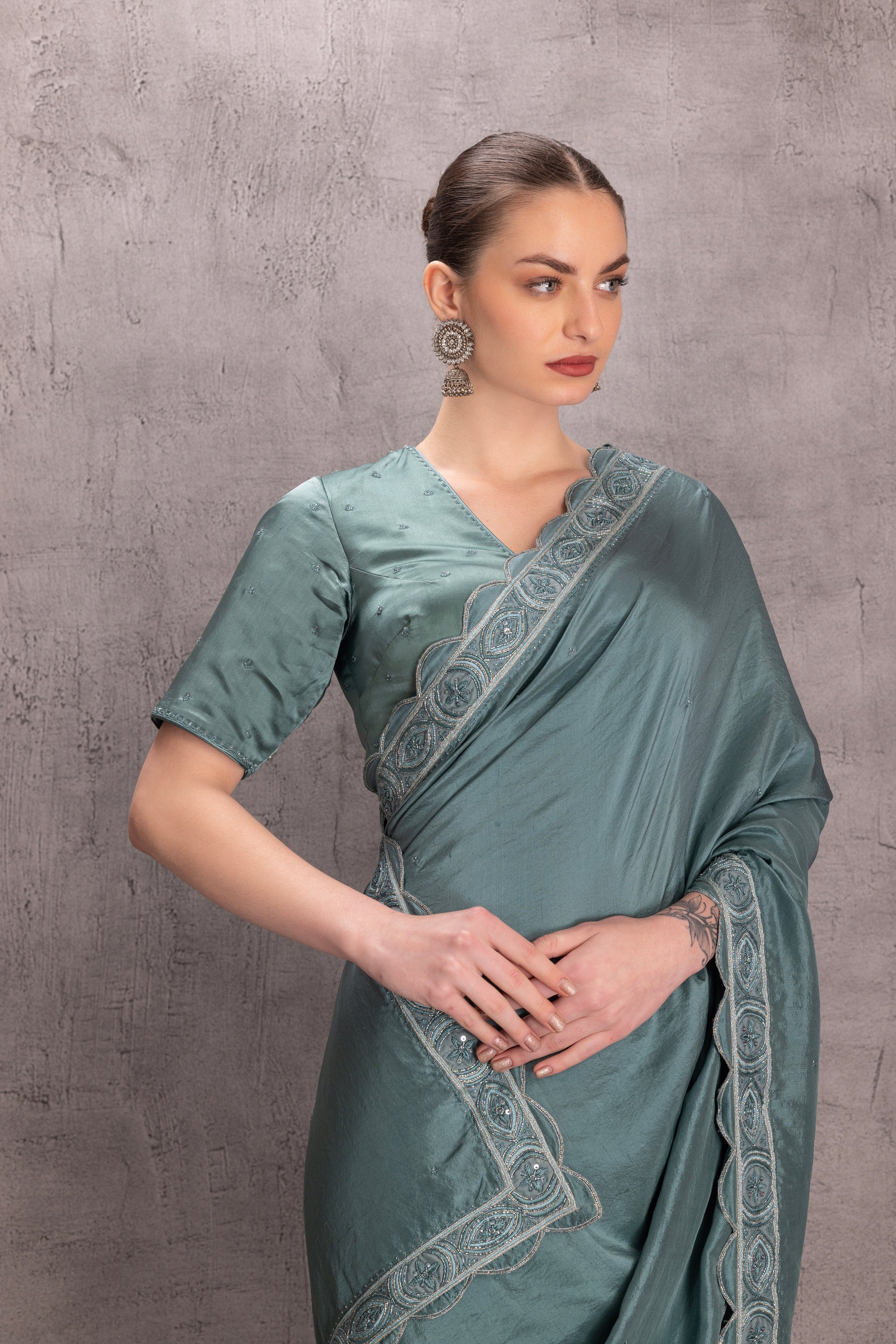 Sky Blue Pure Silk Saree Comes With Embroidered Satin Silk Stitched Blouse & Organic Cotton Stitched Petticoat (3 Pcs)