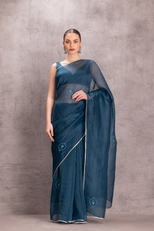 Blue Organza Saree Comes With Silk Stitched Blouse & Organic Cotton Stitched Petticoat (3Pcs)