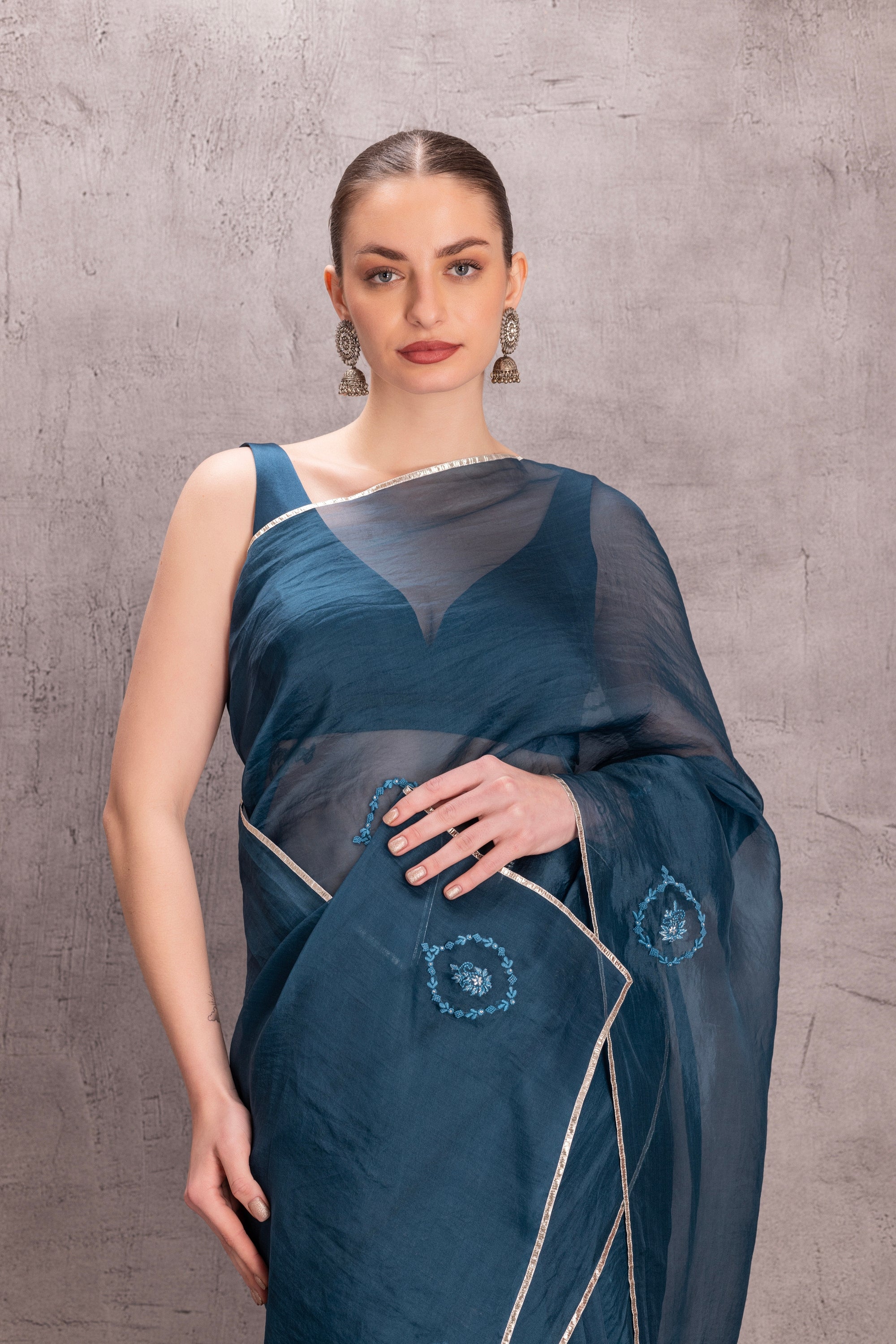 Blue organza saree come with stitched blouse & organic cotton stitched pettiocat