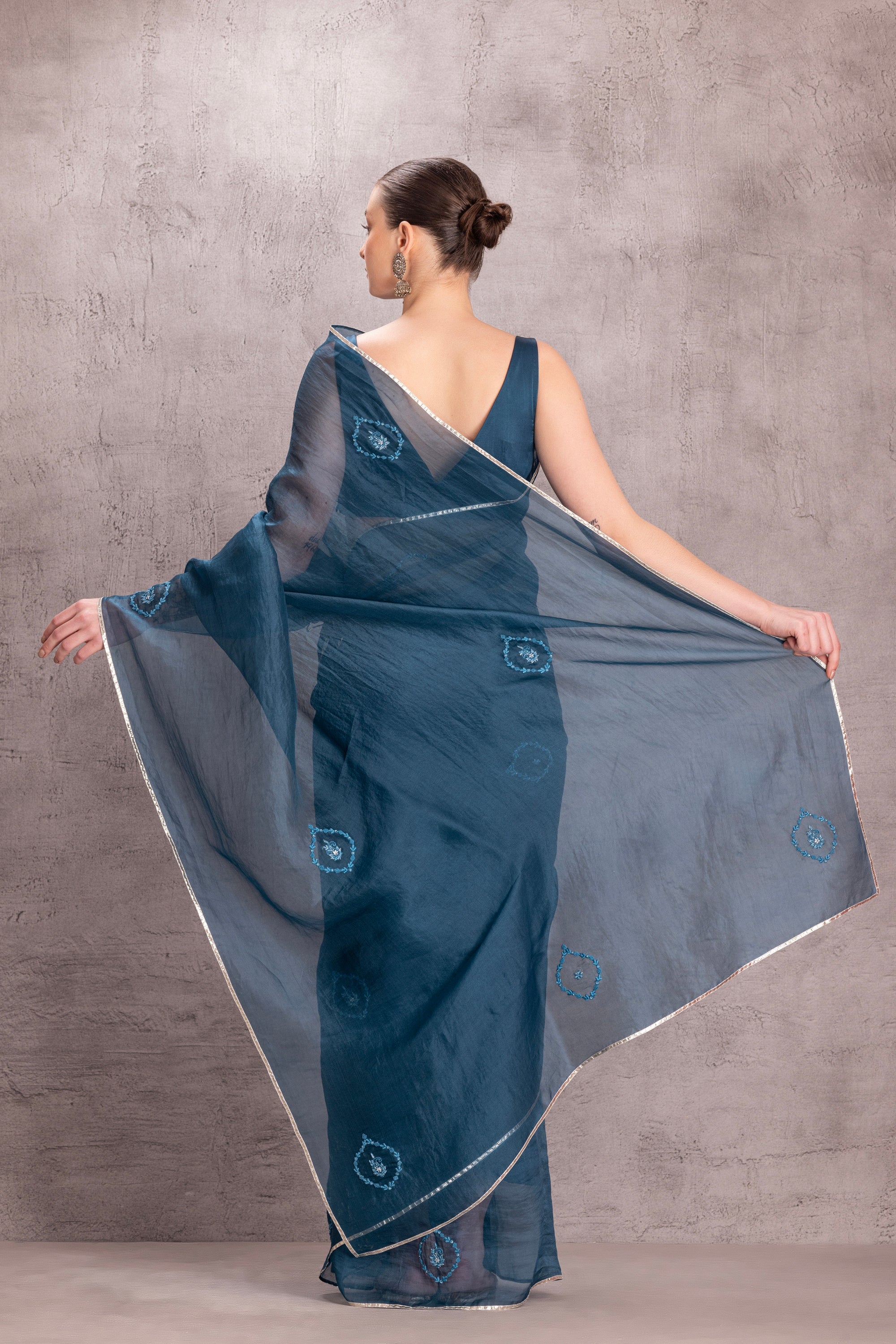 Blue organza saree come with stitched blouse & organic cotton stitched pettiocat