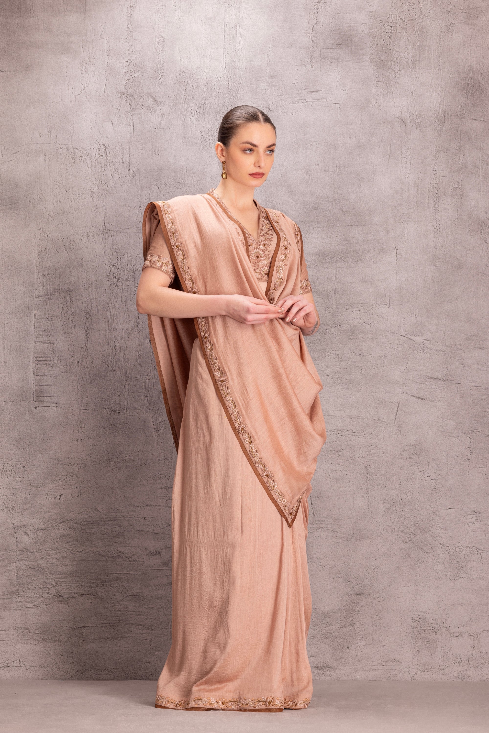 Light Brown Muga Silk Saree Comes with Embroidered Stitched Blouse & Organic Cotton Stitched Petticoat (3Pcs) (JS-047)