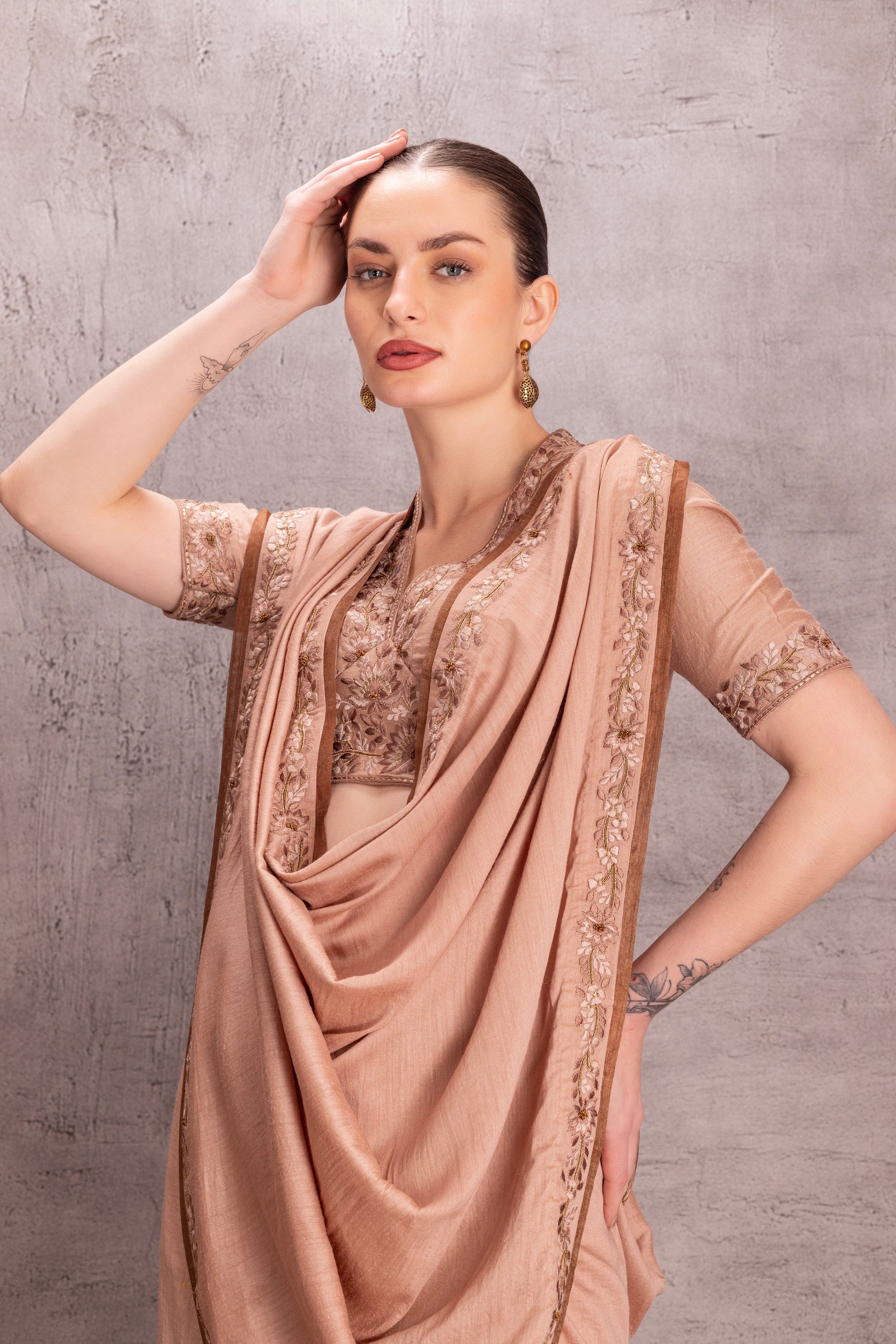 Light Brown Muga Silk Saree Comes with Embroidered Stitched Blouse & Organic Cotton Stitched Petticoat (3Pcs) (JS-047)