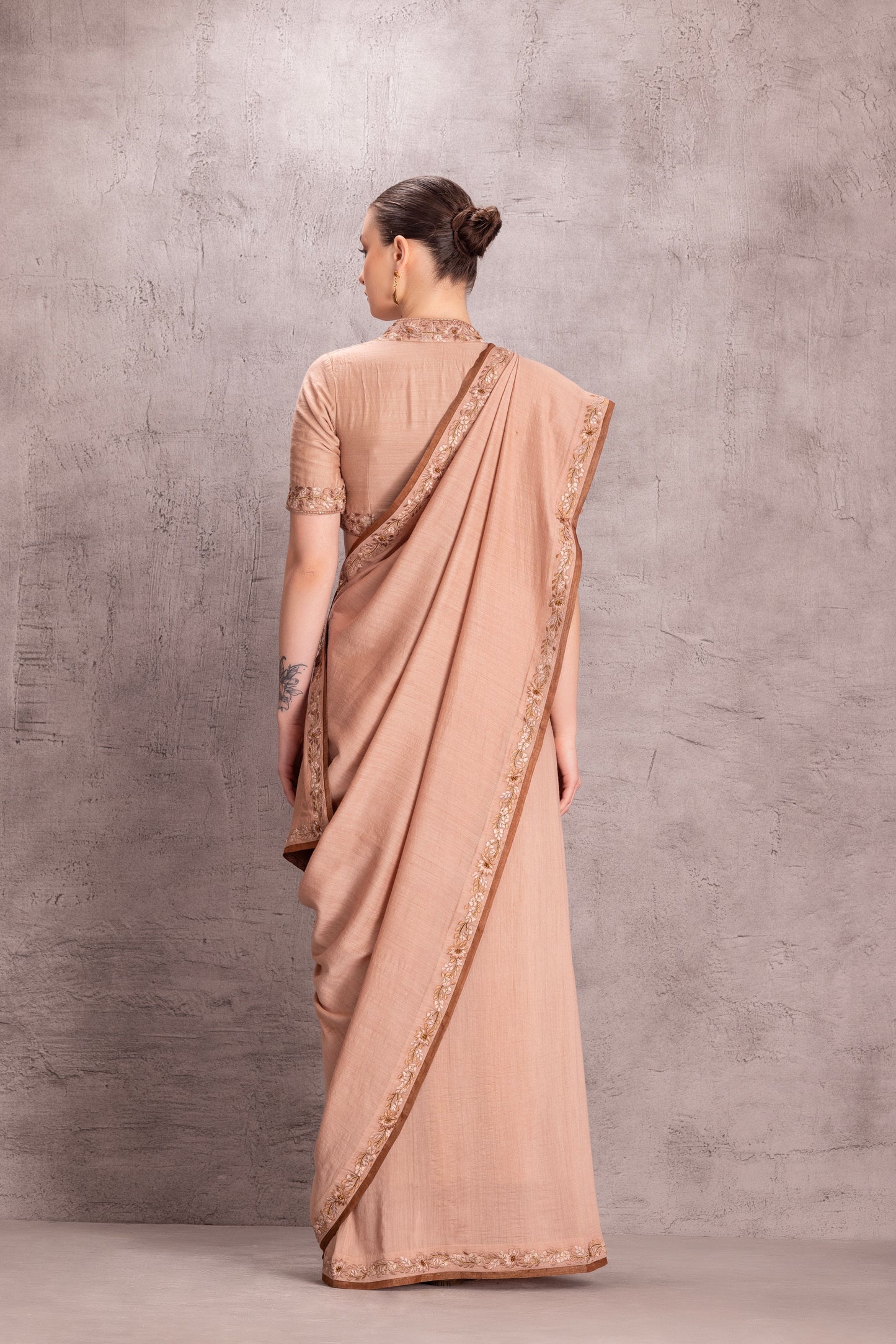 Light Brown Muga Silk Saree Comes with Embroidered Stitched Blouse & Organic Cotton Stitched Petticoat (3Pcs) (JS-047)