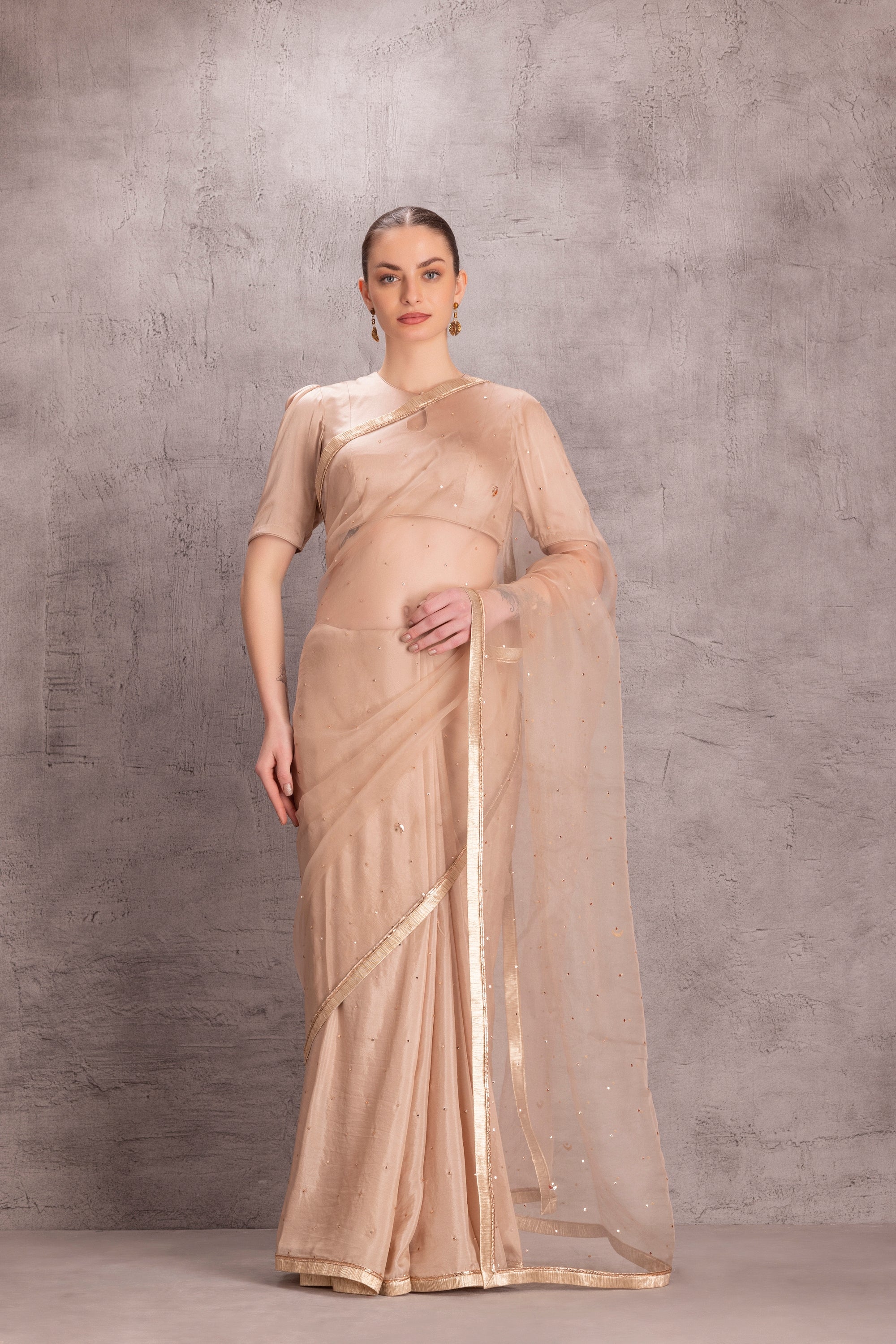 Peach Organza Saree Comes With Satin Silk Stitched Blouse & Organic Cotton Stitched Petticoat(3 Pcs)