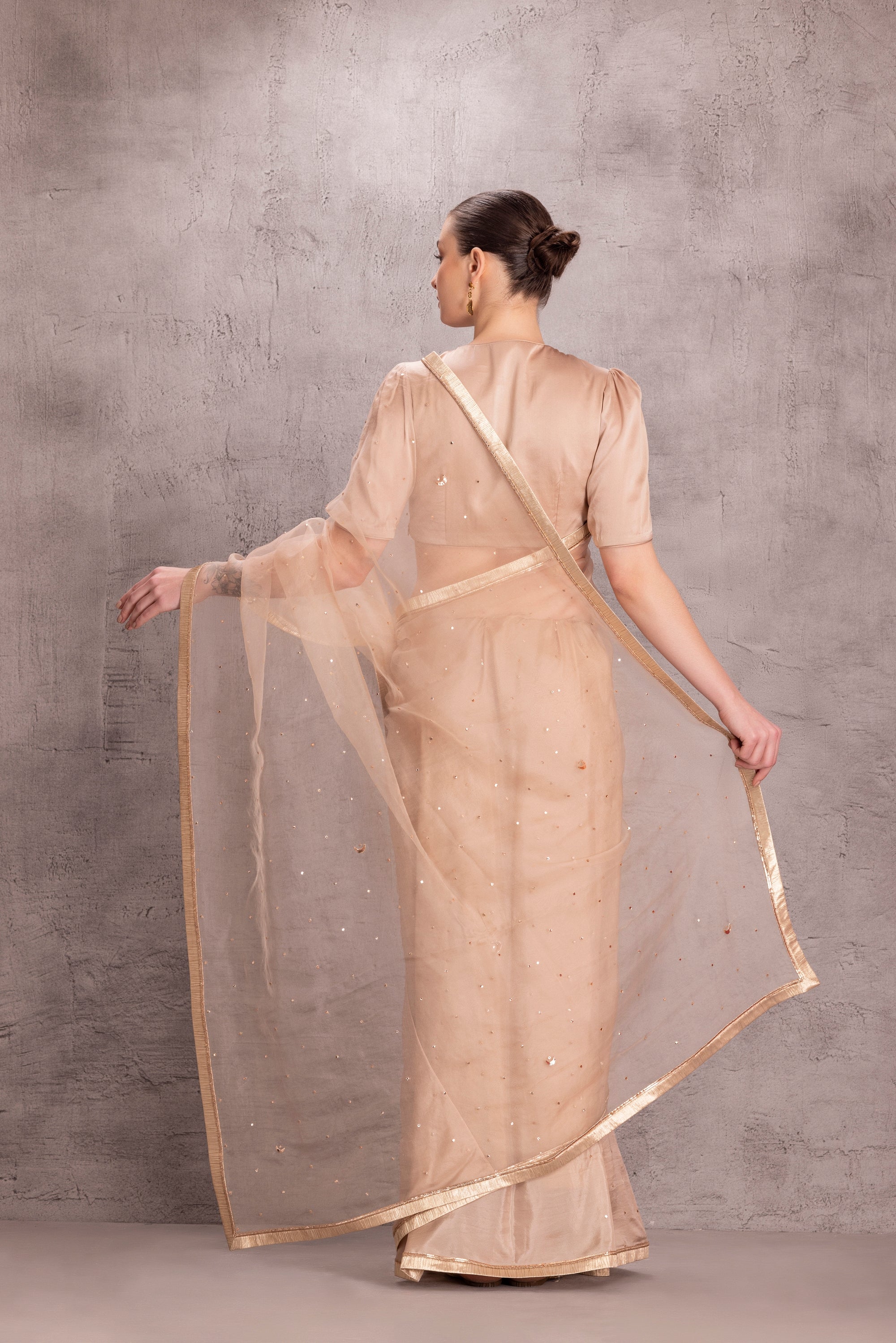 Peach Organza Saree Comes With Satin Silk Stitched Blouse & Organic Cotton Stitched Petticoat(3 Pcs)