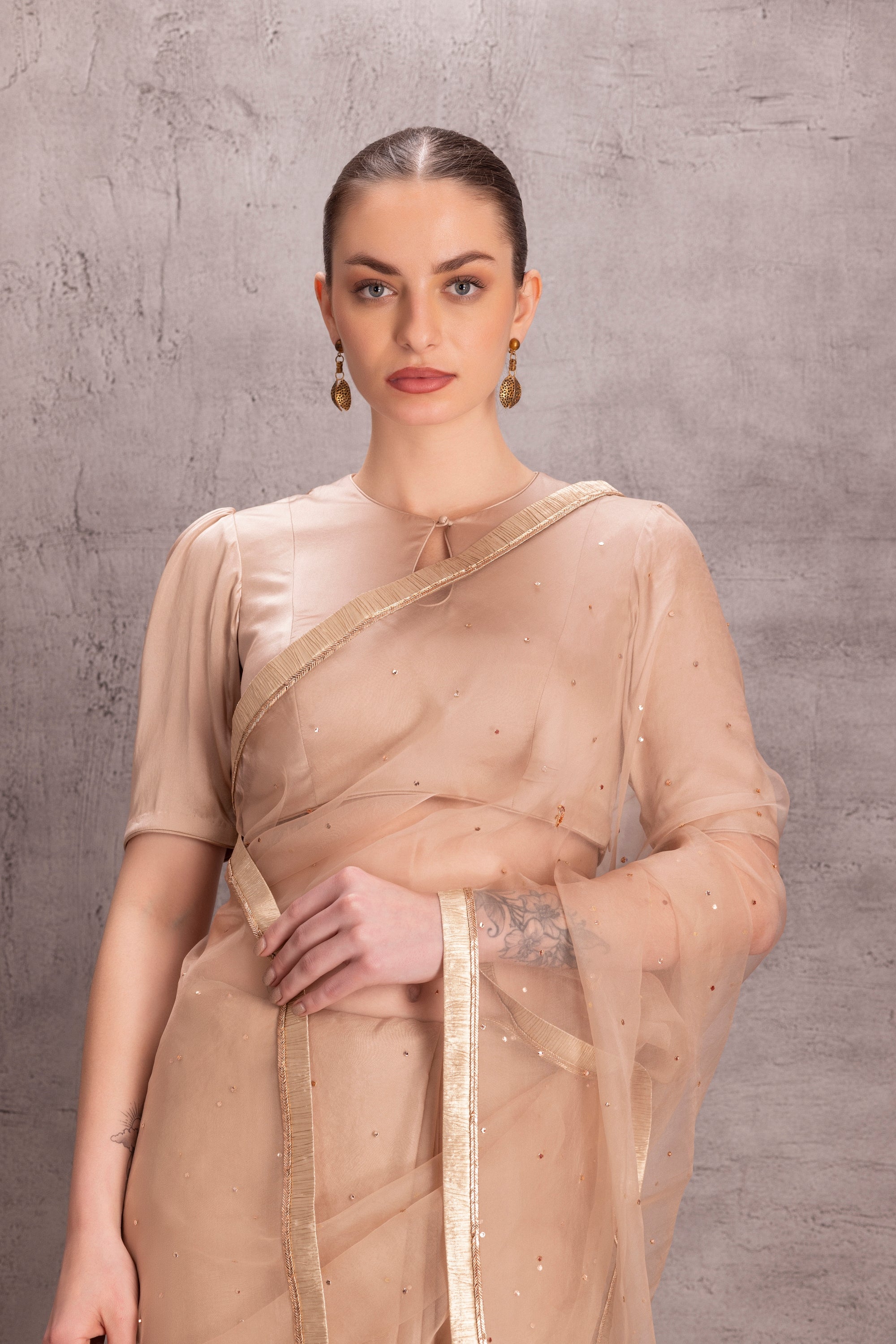 Peach Organza Saree Comes With Satin Silk Stitched Blouse & Organic Cotton Stitched Petticoat(3 Pcs)