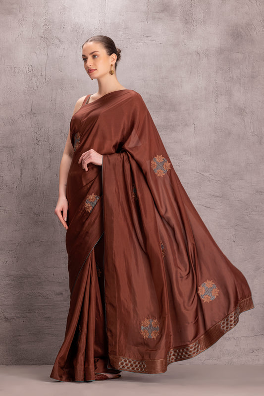 Brown Silk Saree comes with Satin Silk Stitched Blouse & Organic Cotton Stitched Petticoat (3Pcs)