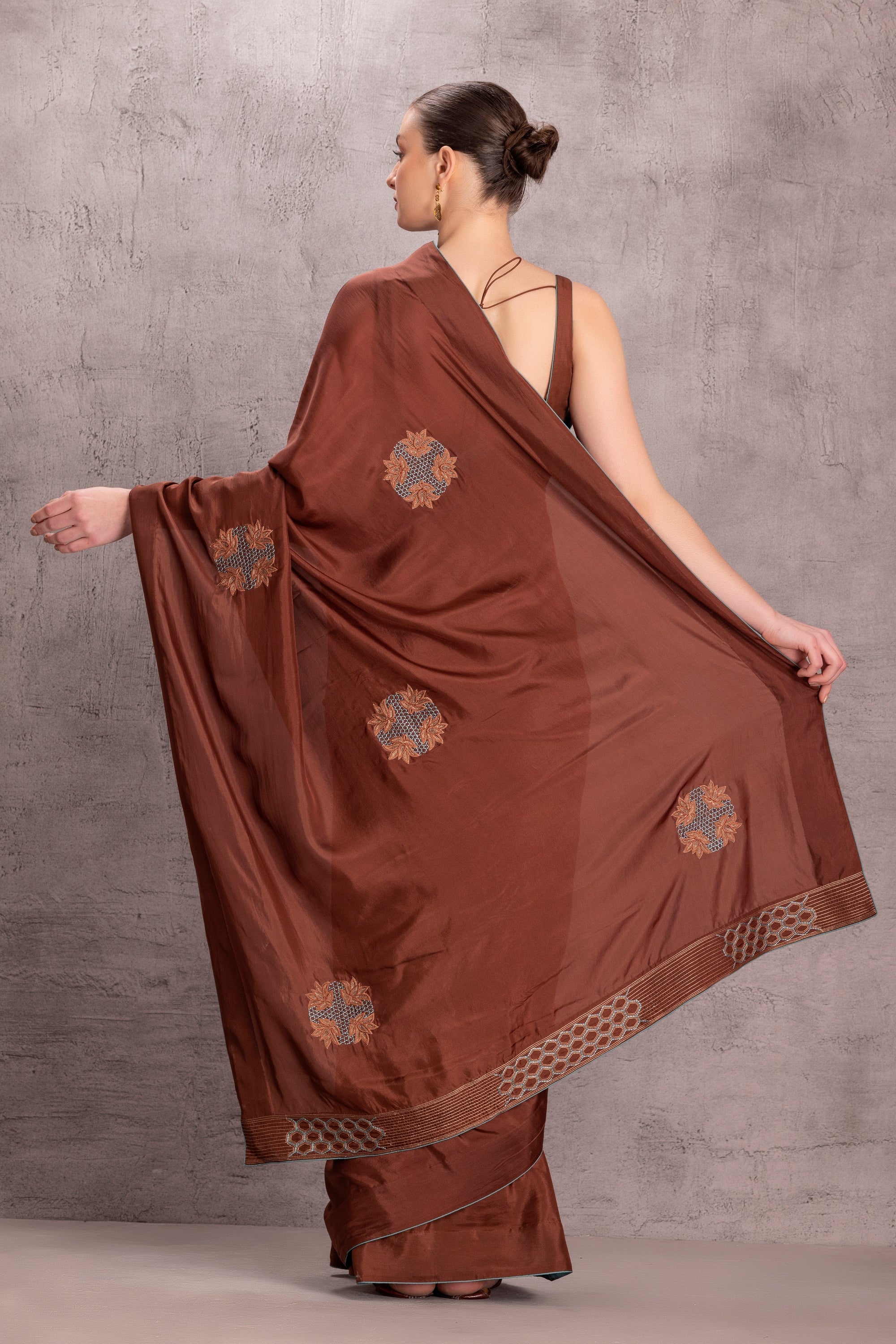 Brown Silk Saree comes with Satin Silk Stitched Blouse & Organic Cotton Stitched Petticoat (3Pcs)