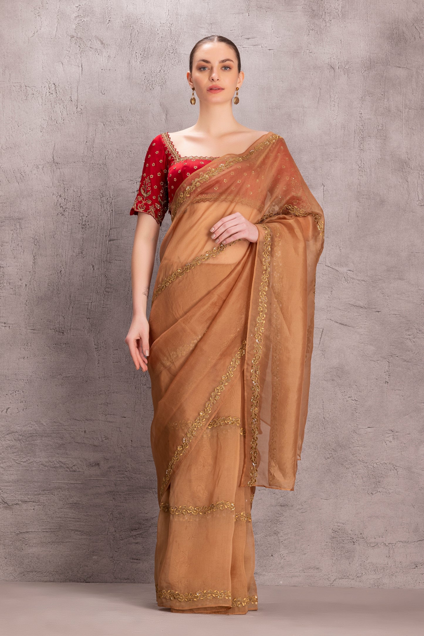 Golden Organza Saree comes With Satin Stitched Blouse & Organic Cotton Stitched Petticoat (3Pcs)