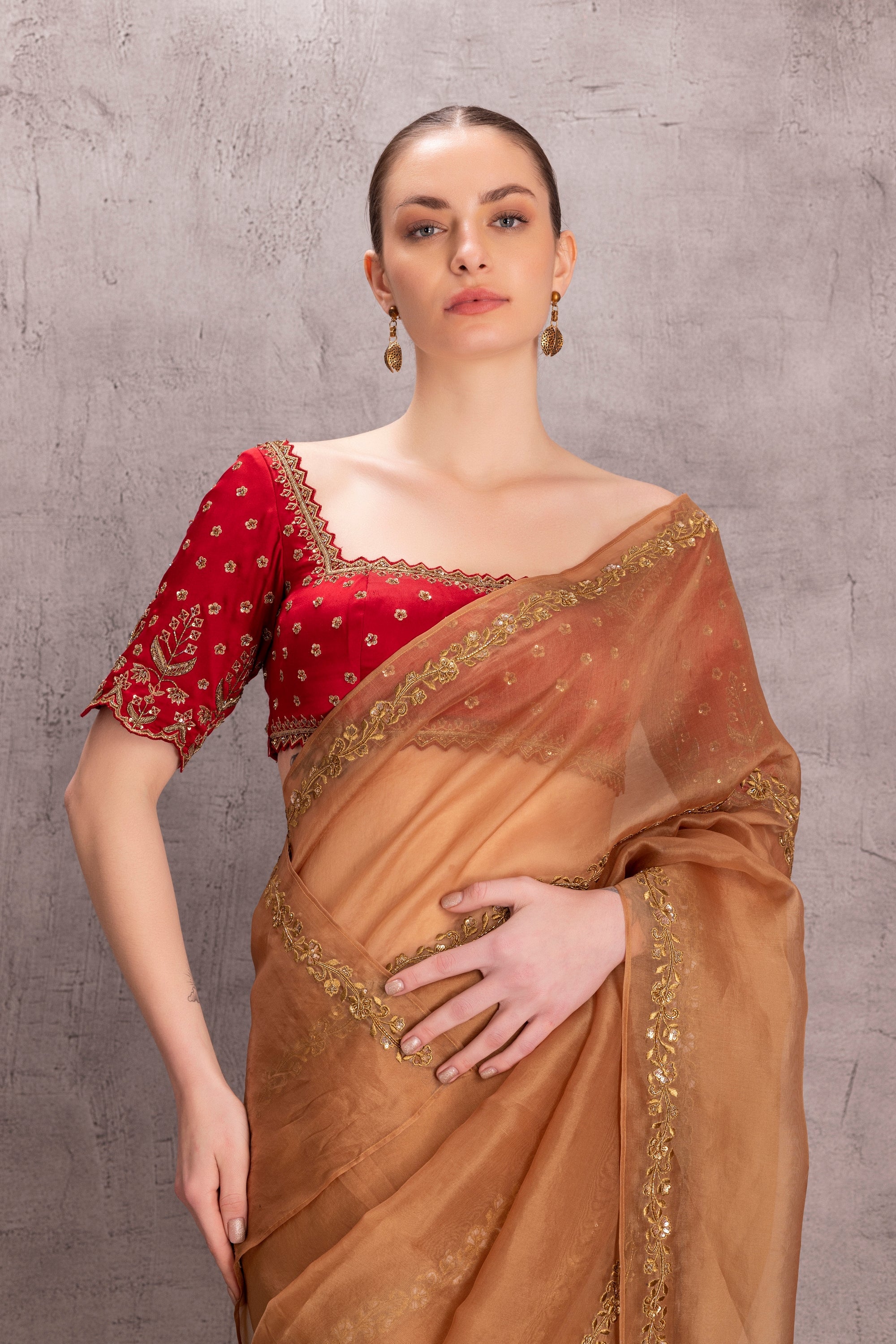 Golden Organza Saree comes With Satin Stitched Blouse & Organic Cotton Stitched Petticoat (3Pcs)