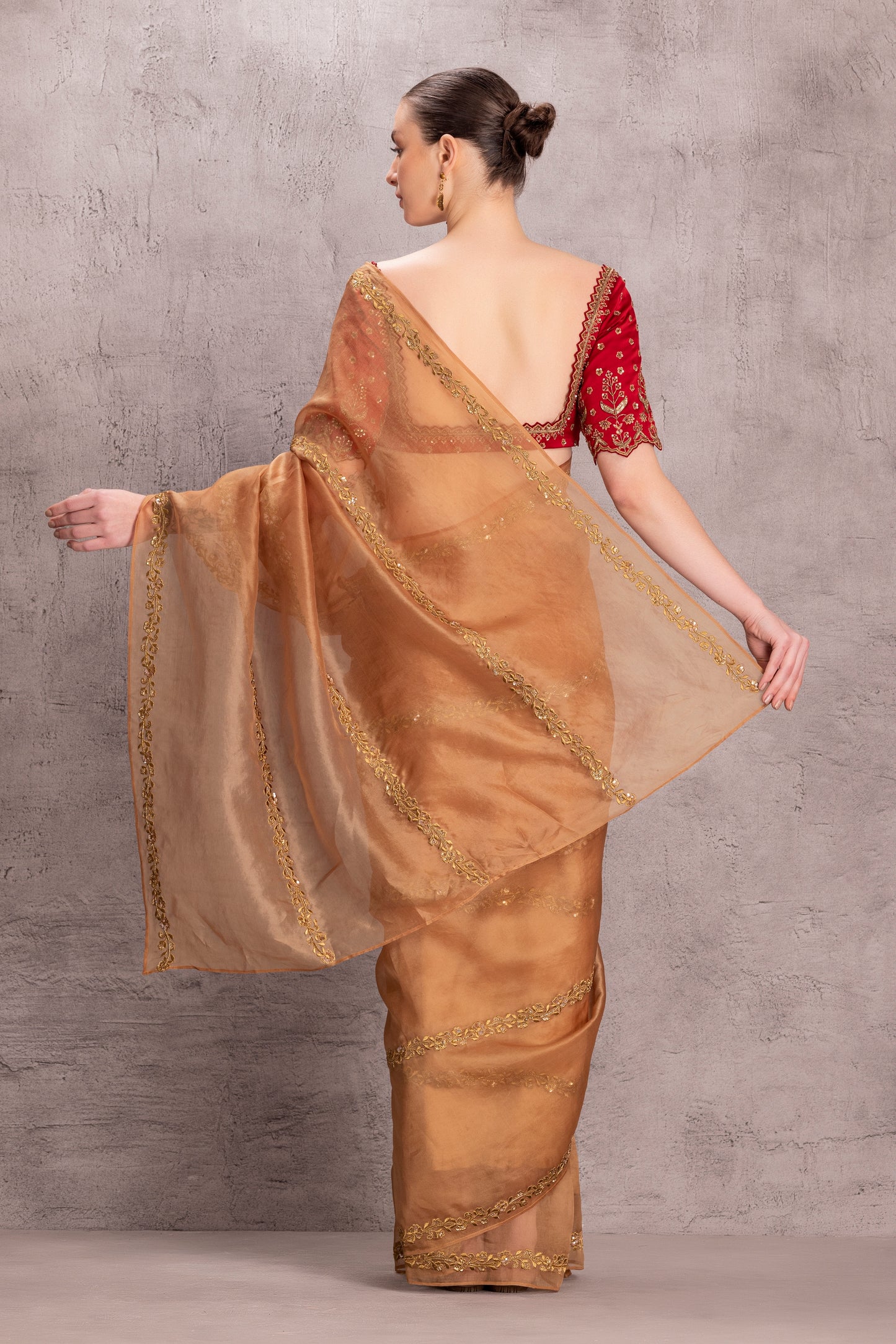 Golden Organza Saree comes With Satin Stitched Blouse & Organic Cotton Stitched Petticoat (3Pcs)