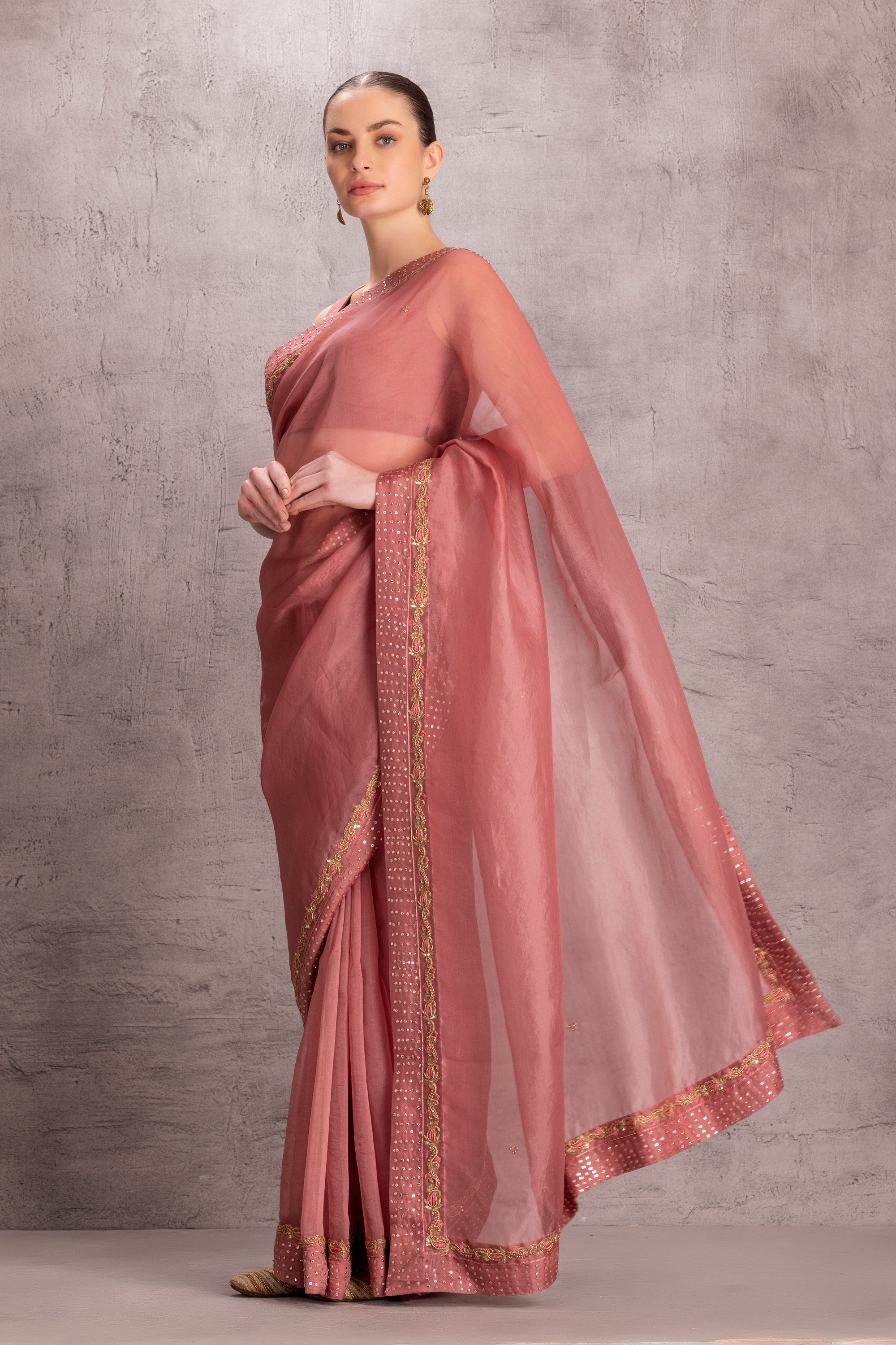 Dusty Pink Organza Saree Comes With Silk Stitched Blouse & Organic Cotton Stitched Petticoat (3Pcs)