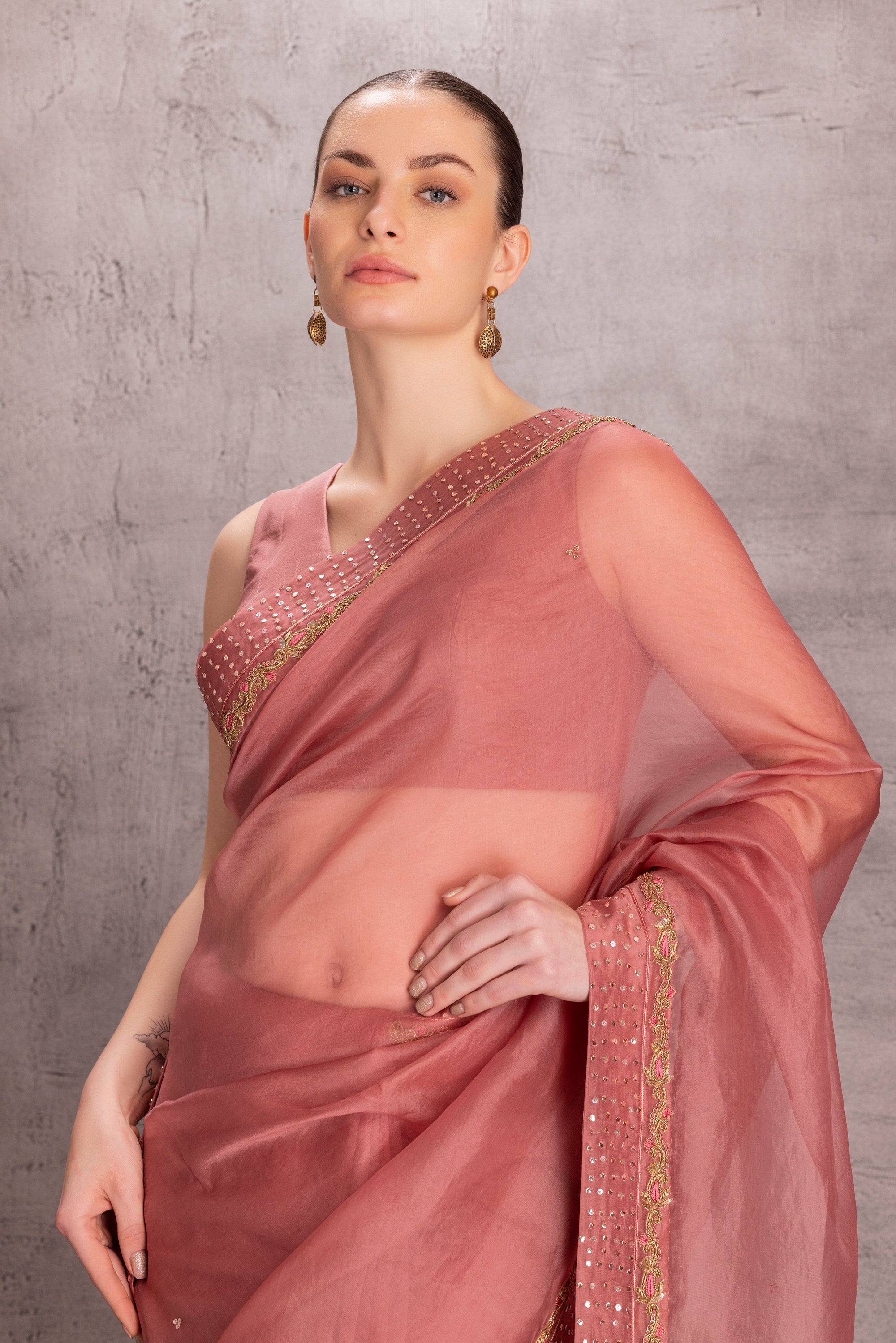 Dusty Pink Organza Saree Comes With Silk Stitched Blouse & Organic Cotton Stitched Petticoat (3Pcs)