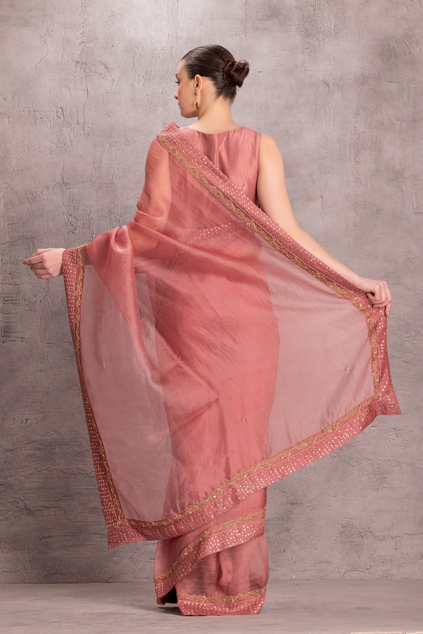 Dusty Pink Organza Saree Comes With Silk Stitched Blouse & Organic Cotton Stitched Petticoat (3Pcs)