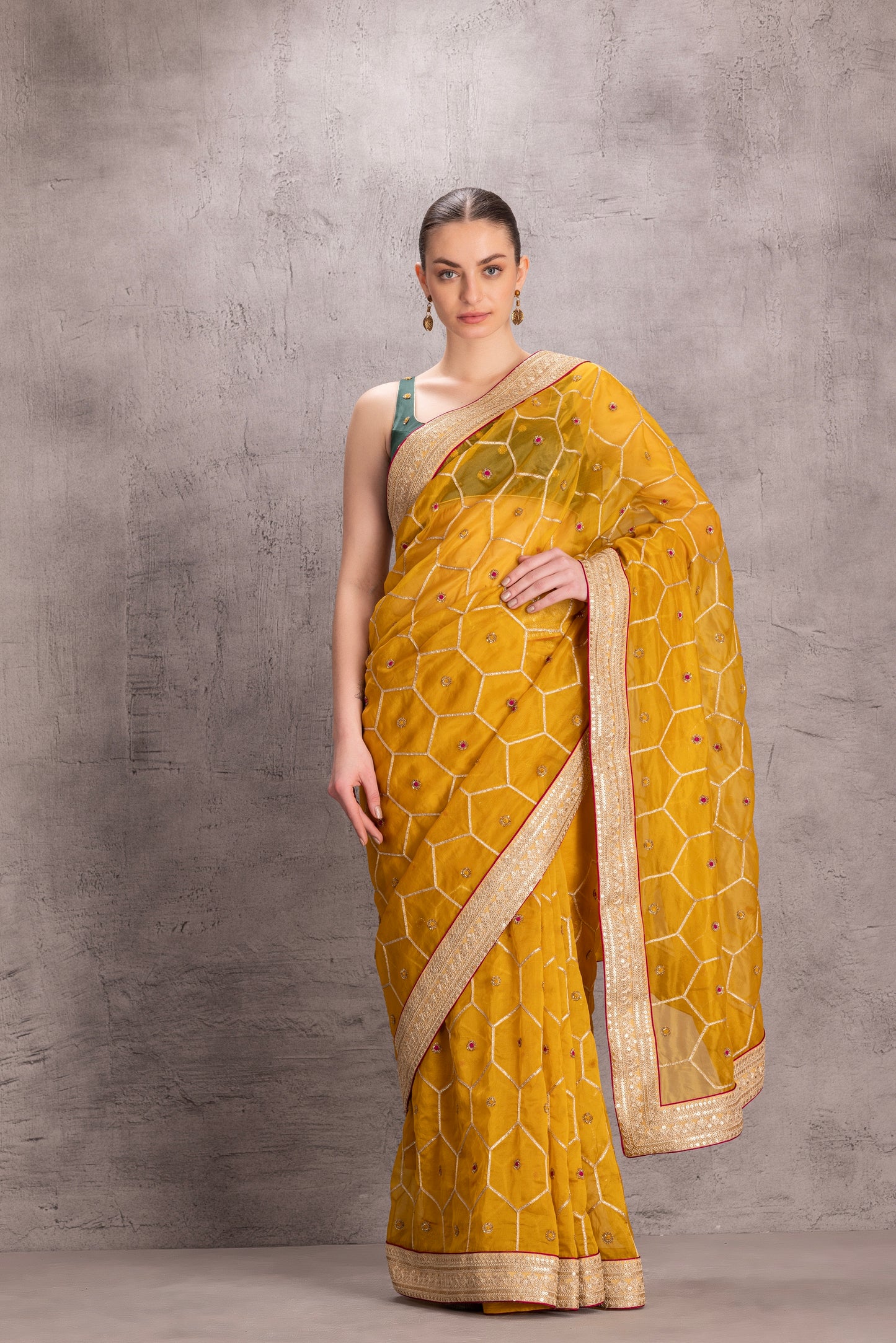 Yellow Organza Silk Saree Comes With Green Satin Silk Stitched Embroidered Blouse & Organic Cotton Stitched Petticoat (3 Pcs)