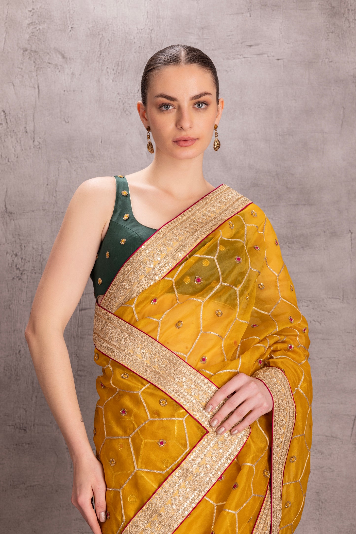 Yellow Organza Silk Saree Comes With Green Satin Silk Stitched Embroidered Blouse & Organic Cotton Stitched Petticoat (3 Pcs)
