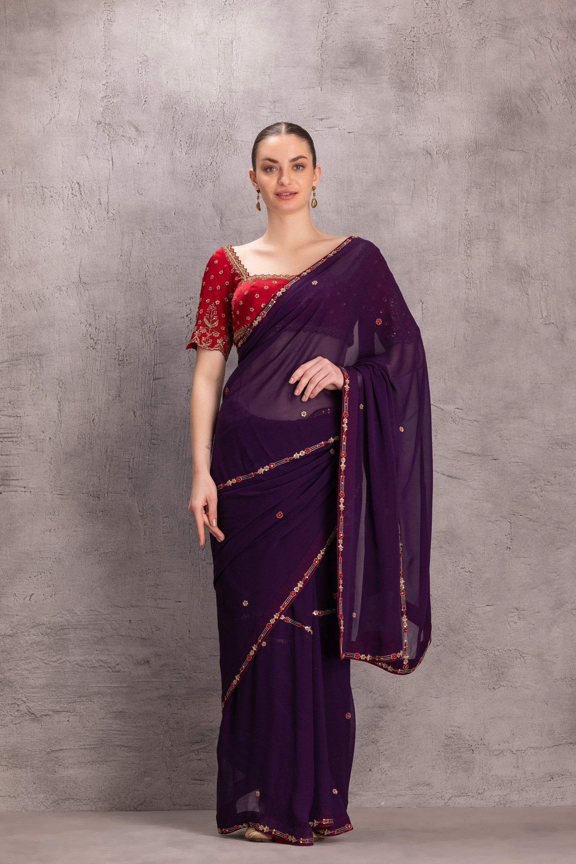 Purple Georgette Saree Comes With Red Embroidered Satin Silk Stitched Blouse & Organic Cotton Stitched Petticoat (3 Pcs)