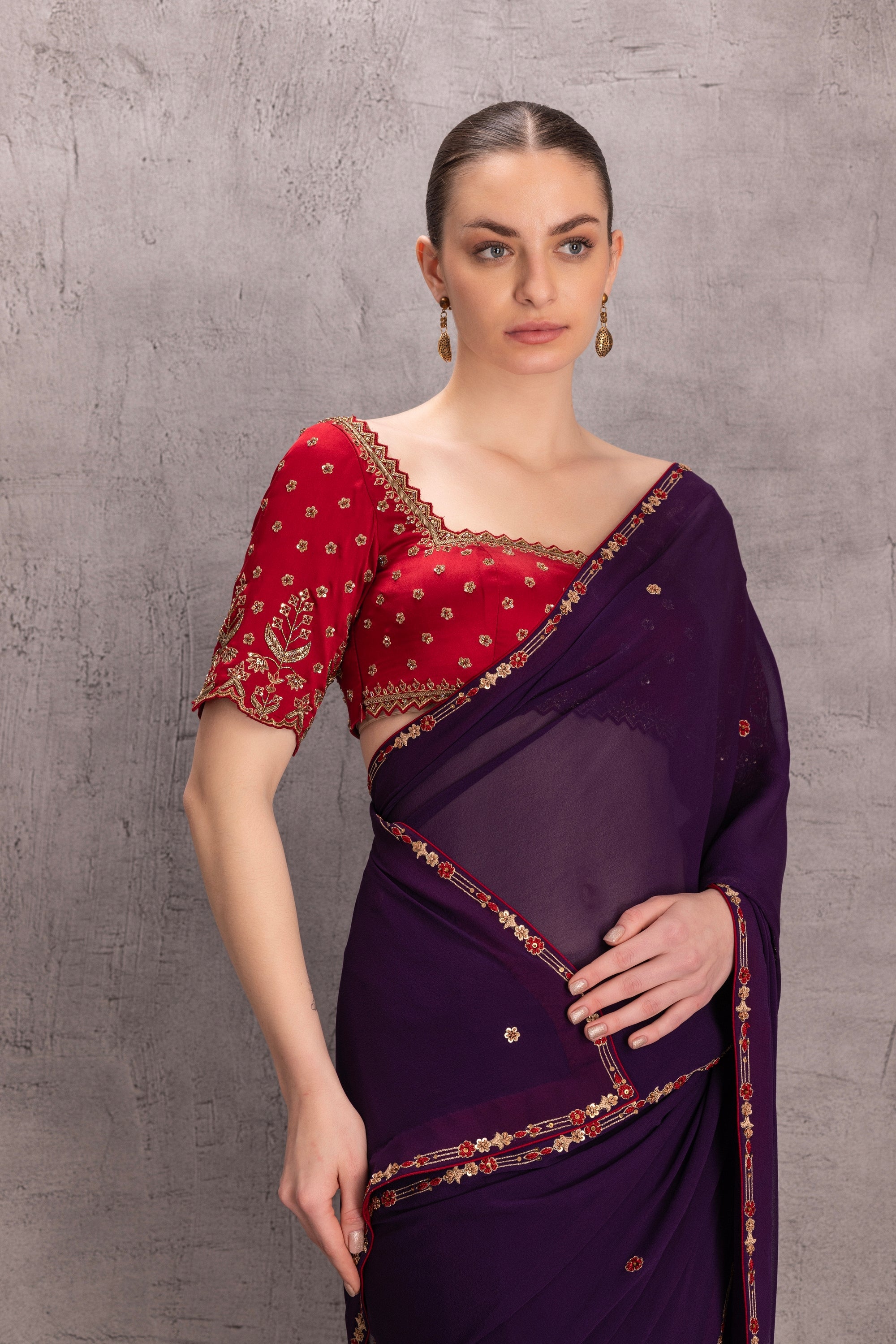 Purple Georgette Saree Comes With Red Embroidered Satin Silk Stitched Blouse & Organic Cotton Stitched Petticoat (3 Pcs)