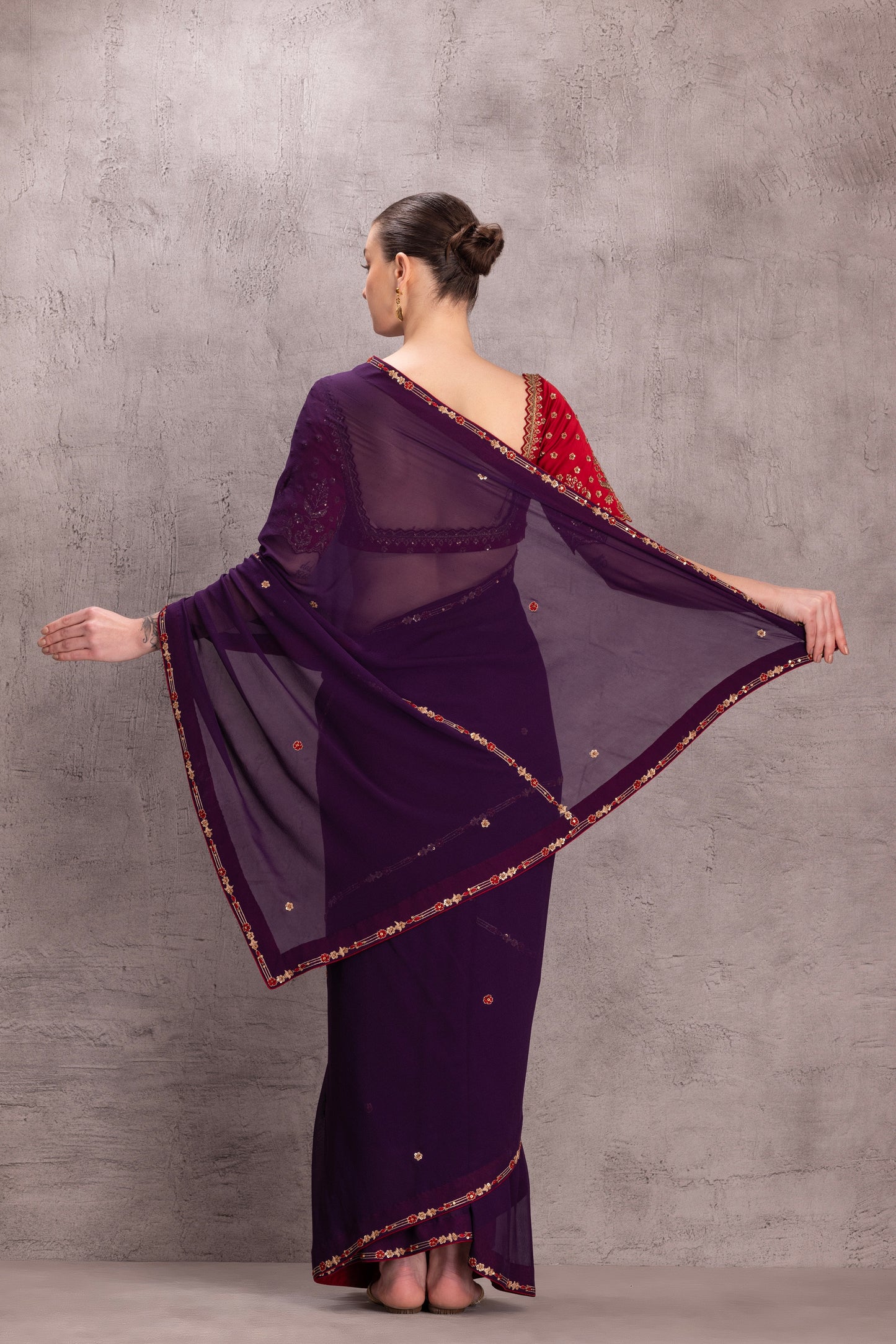 Purple Georgette Saree Comes With Red Embroidered Satin Silk Stitched Blouse & Organic Cotton Stitched Petticoat (3 Pcs)