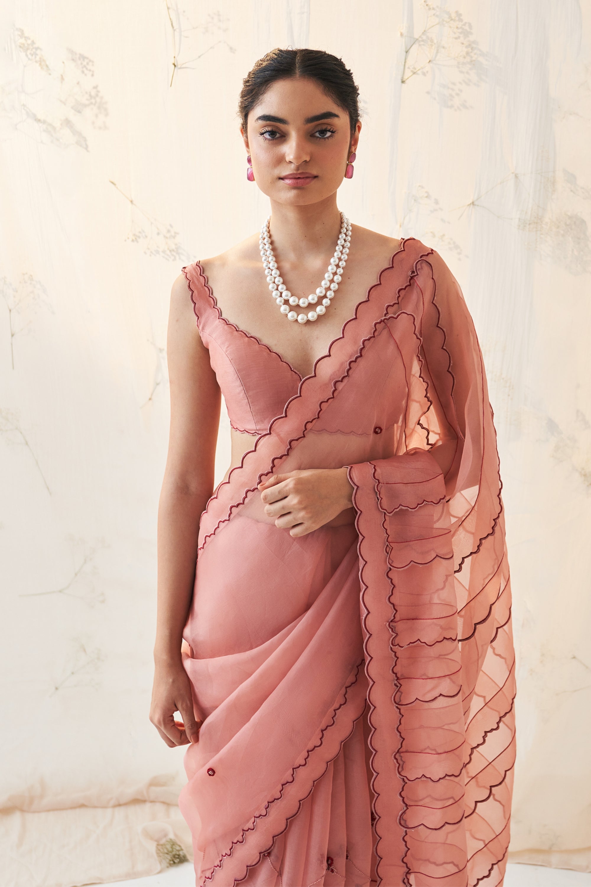 Peach Organza Saree Comes With  Chanderi Stitched Blouse & Organic Cotton Stitched Petticoat