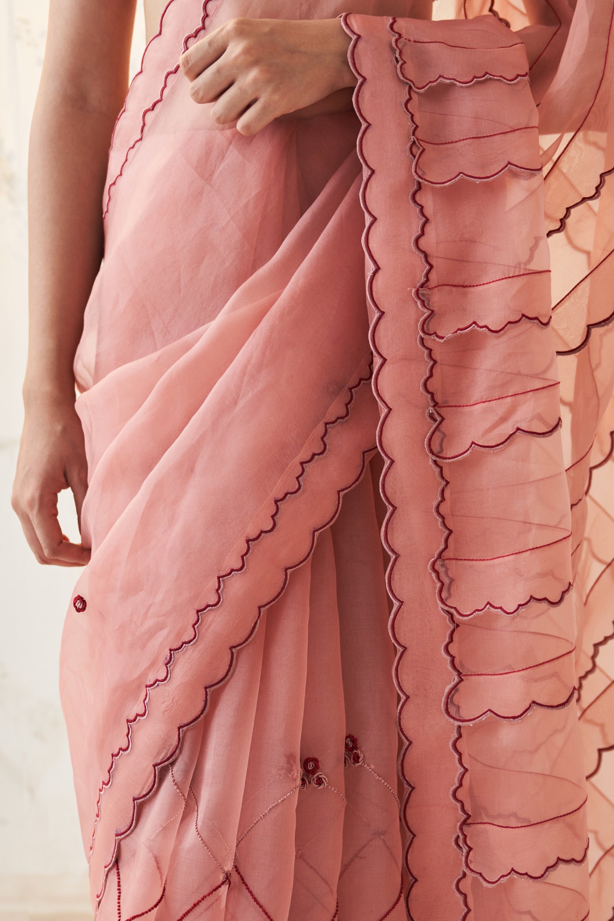 Peach Organza Saree Comes With  Chanderi Stitched Blouse & Organic Cotton Stitched Petticoat