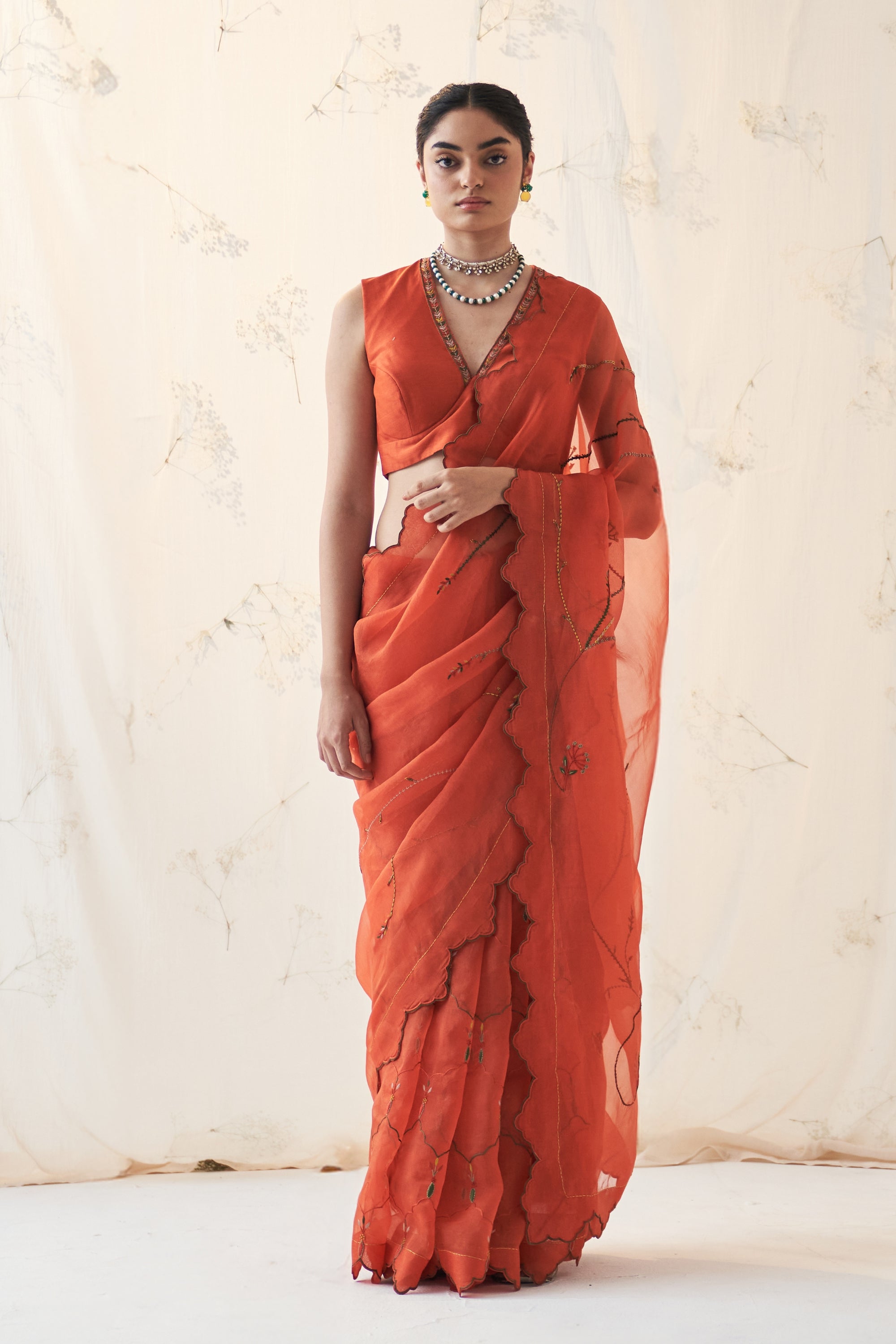 Orange Organza Saree Comes With Chanderi Blouse & Organic Cotton Stitched Petticoat