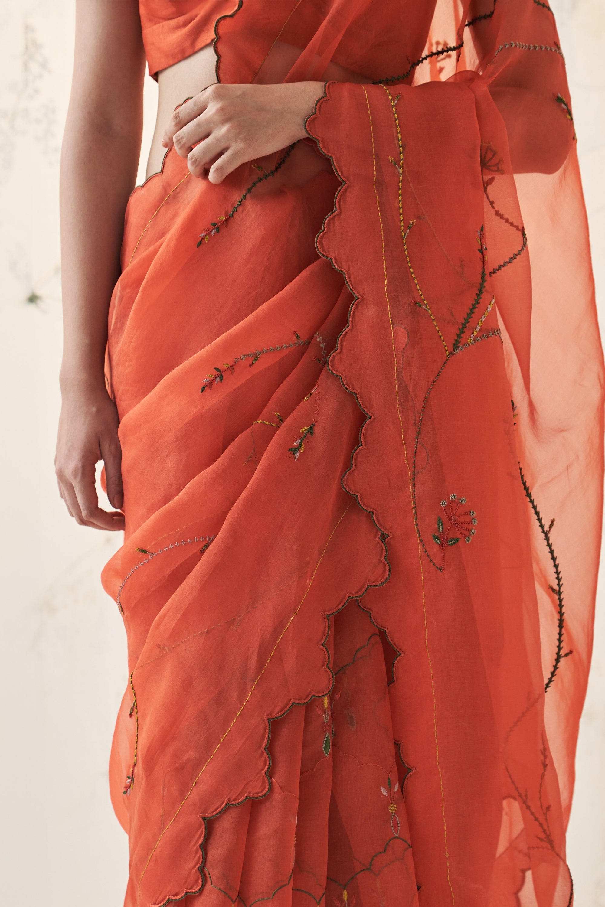 Orange Organza Saree Comes With Chanderi Blouse & Organic Cotton Stitched Petticoat