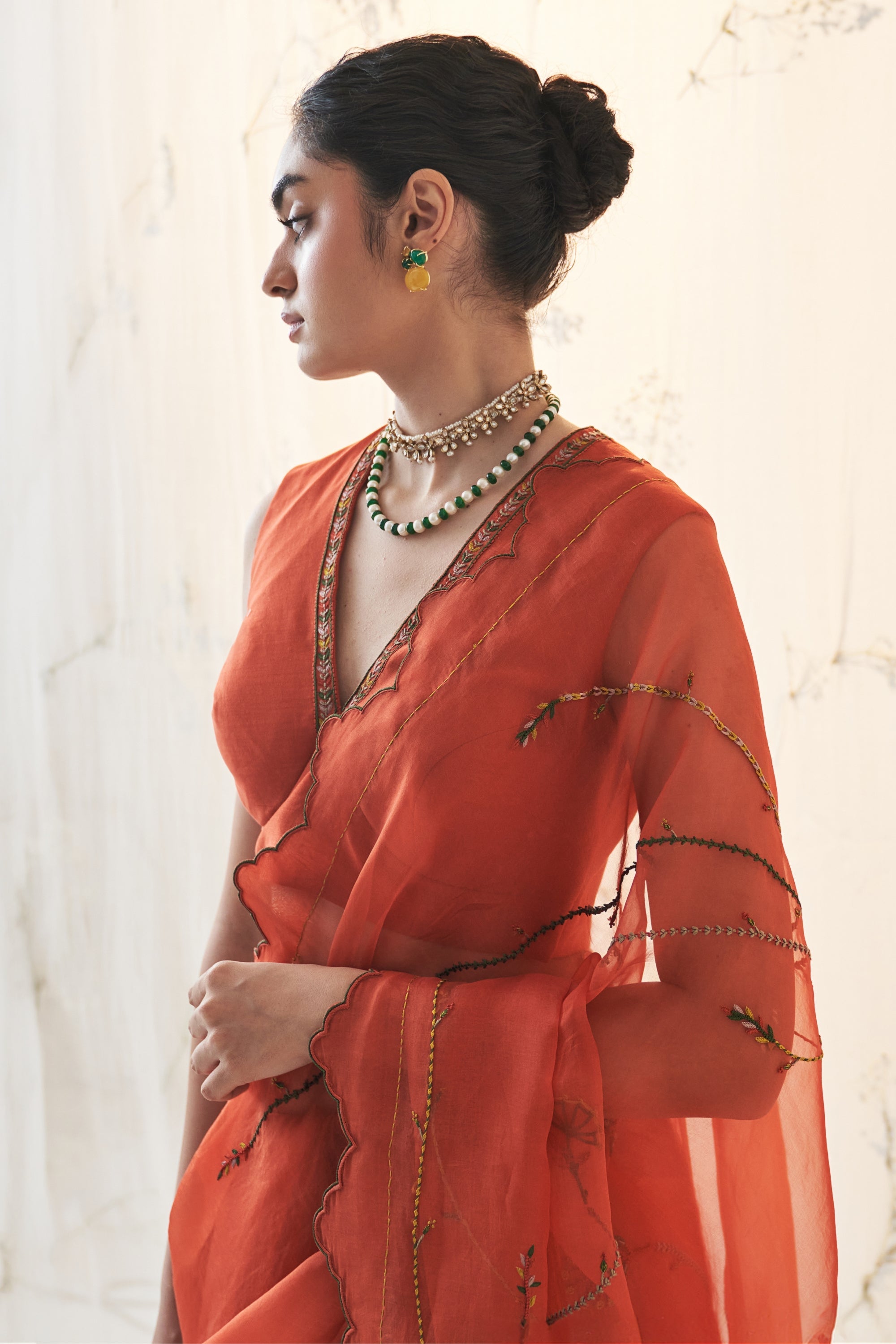 Orange Organza Saree Comes With Chanderi Blouse & Organic Cotton Stitched Petticoat