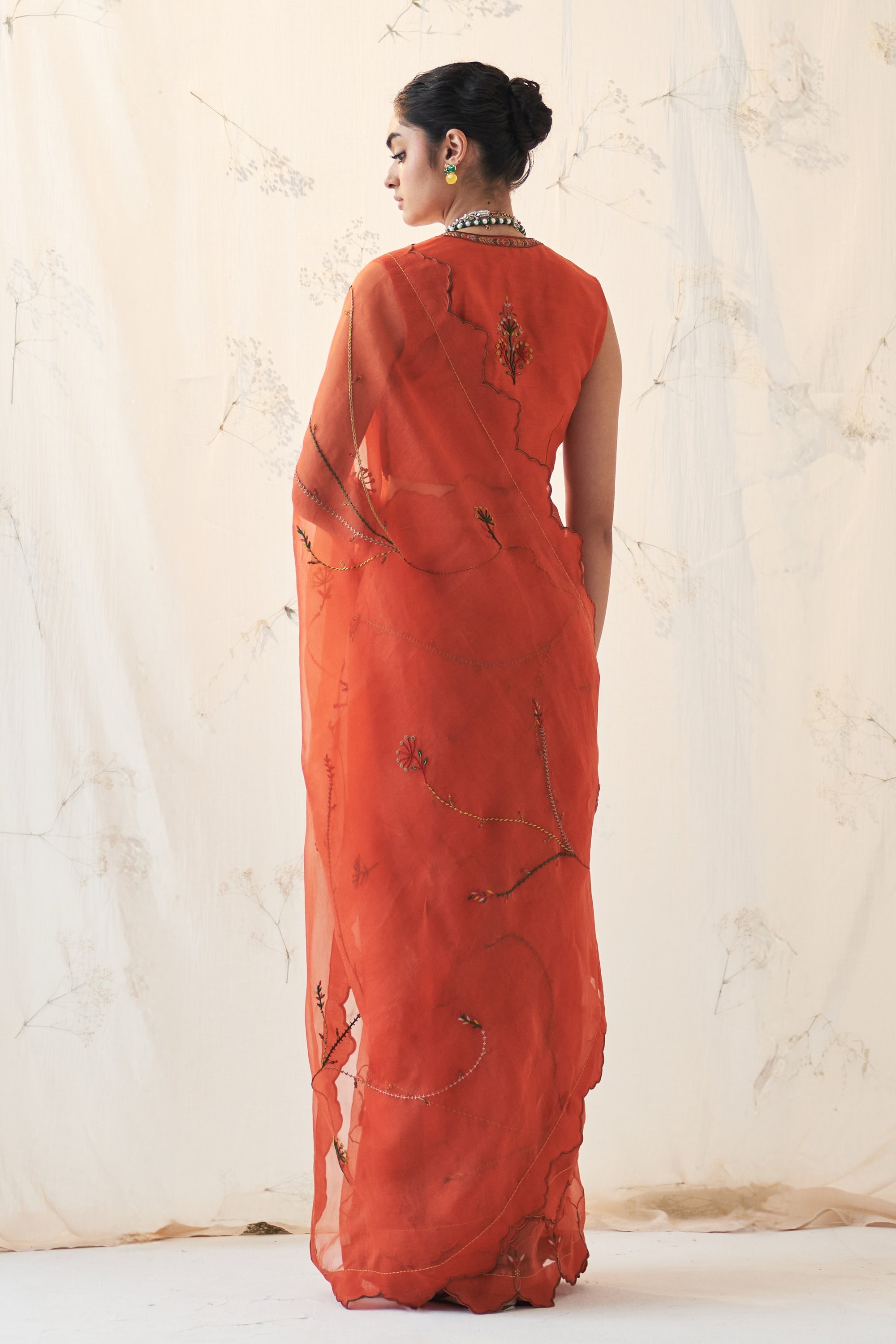 Orange Organza Saree Comes With Chanderi Blouse & Organic Cotton Stitched Petticoat