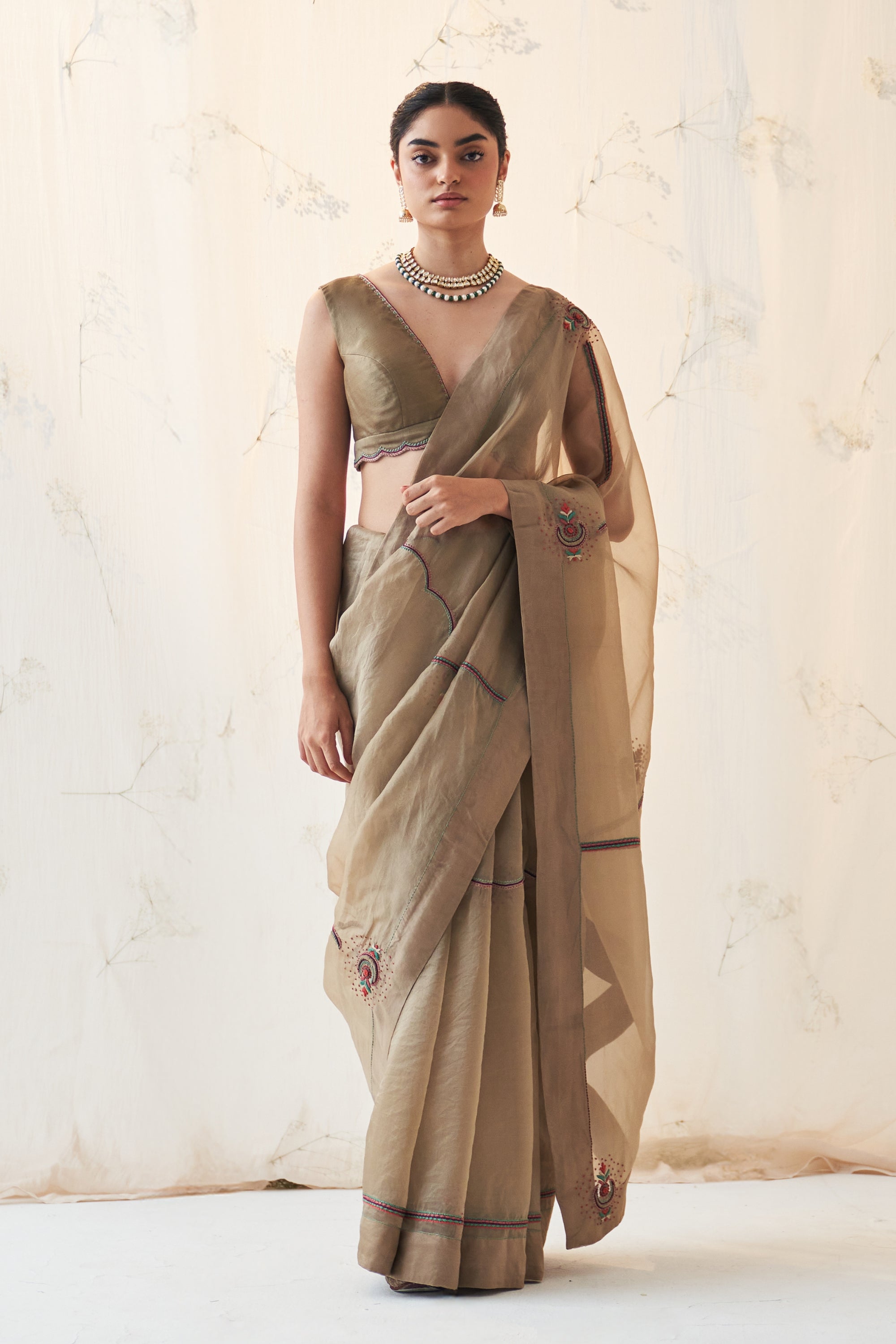 Champagne Organza Saree Comes With Chanderi Stitched Blouse & Organic Cotton Stitched Pettioat