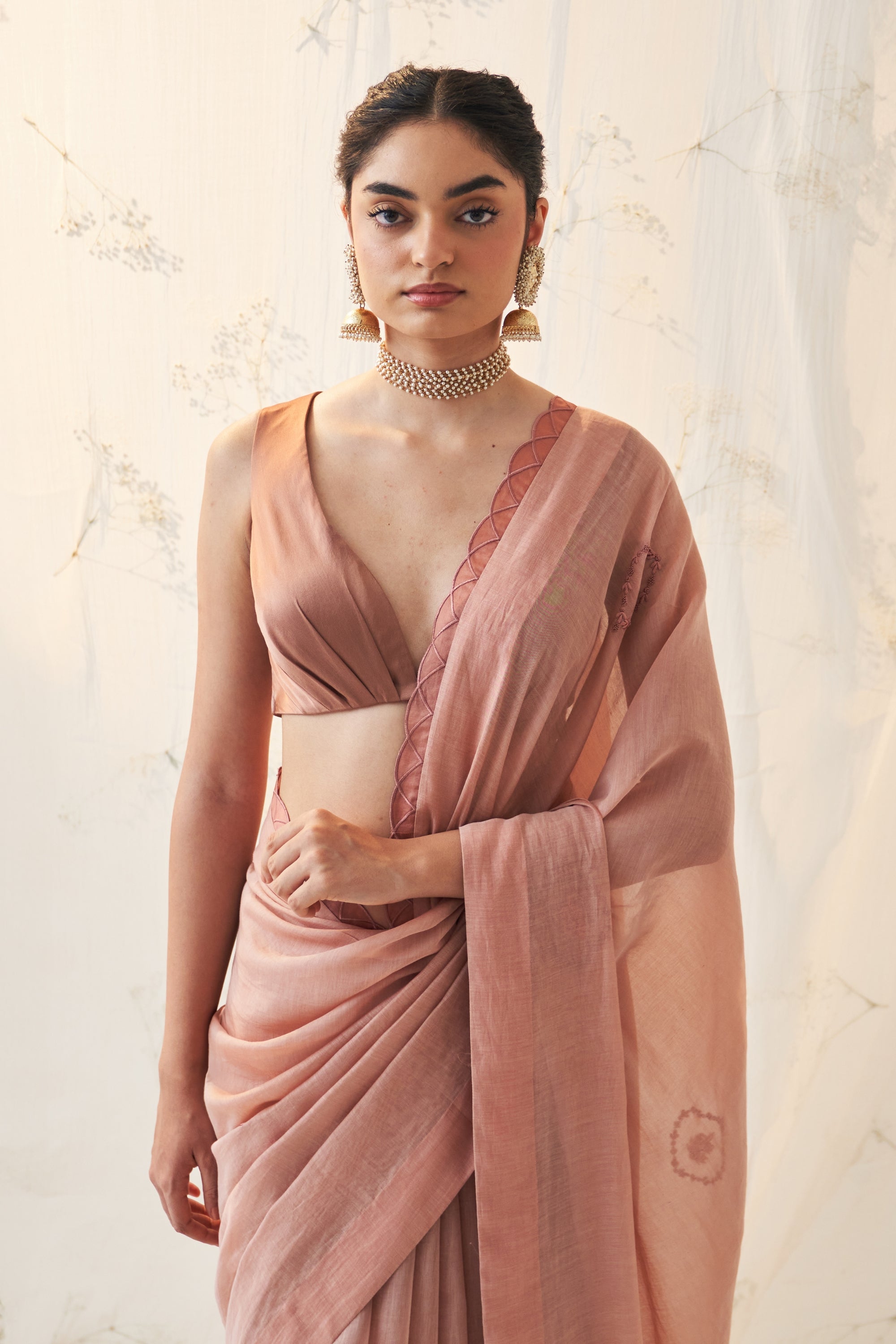 Peach Chanderi Saree Comes With Chanderi Blouse & Organic Cotton Stiched Petticoat