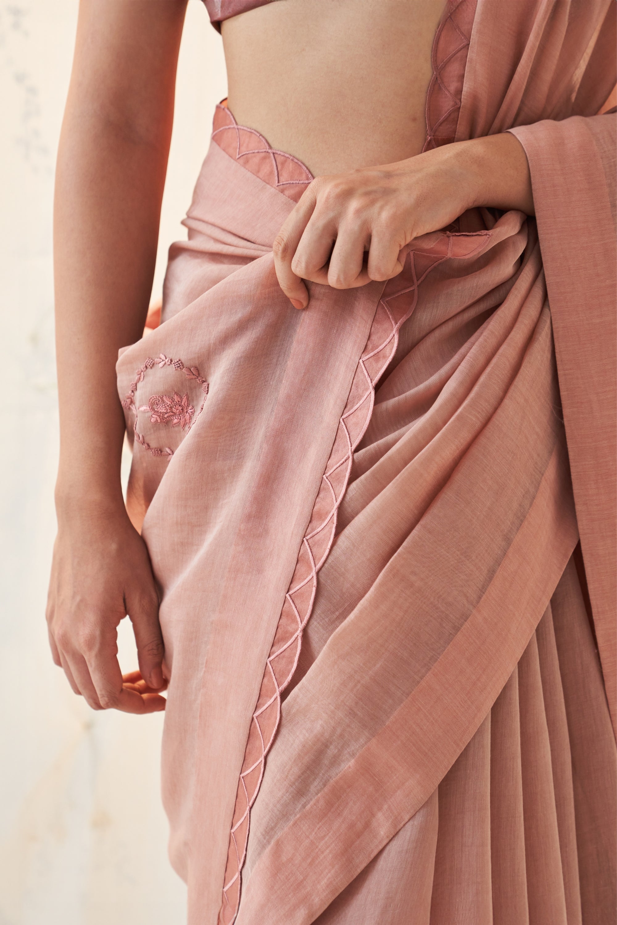 Peach Chanderi Saree Comes With Chanderi Blouse & Organic Cotton Stiched Petticoat