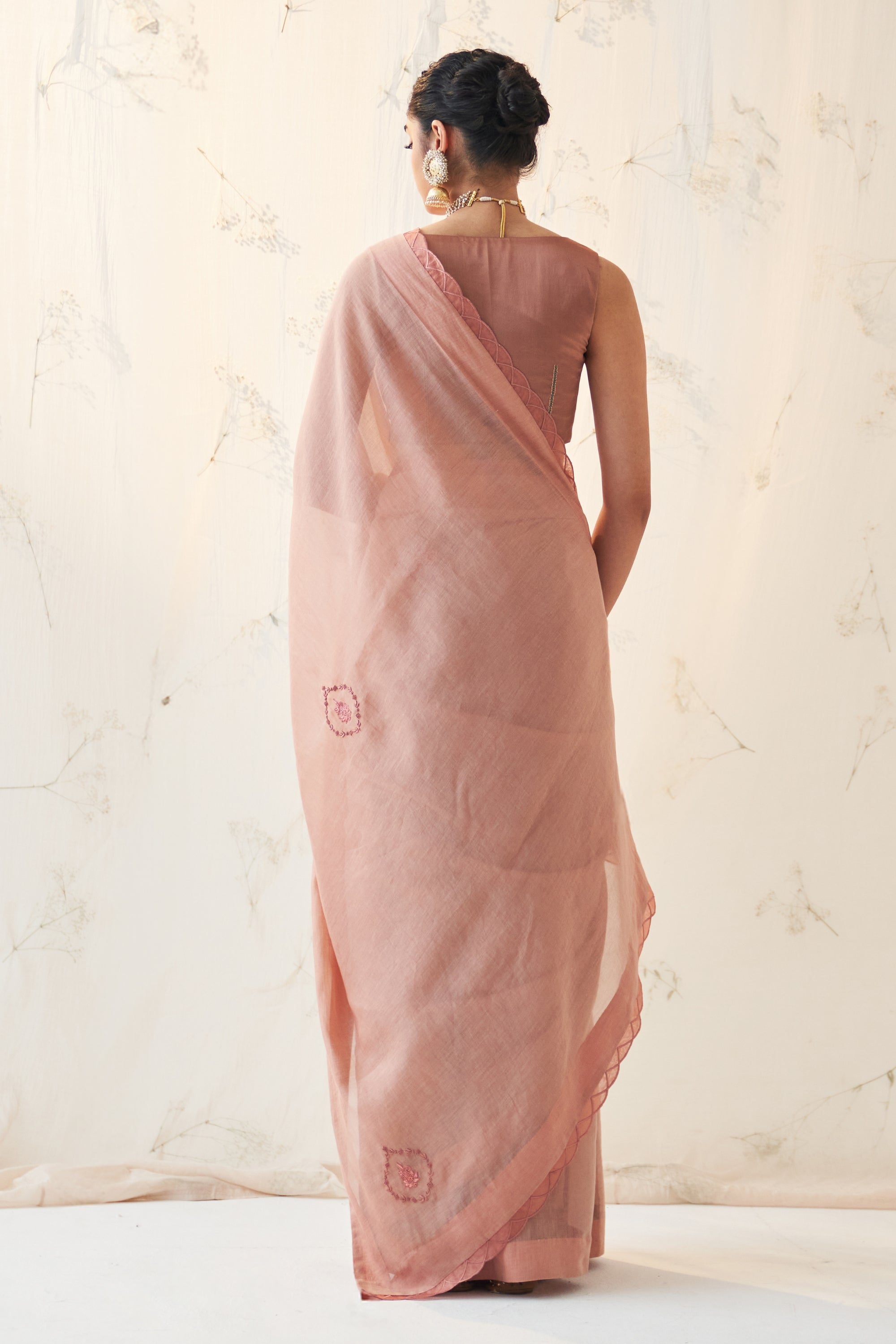 Peach Chanderi Saree Comes With Chanderi Blouse & Organic Cotton Stiched Petticoat