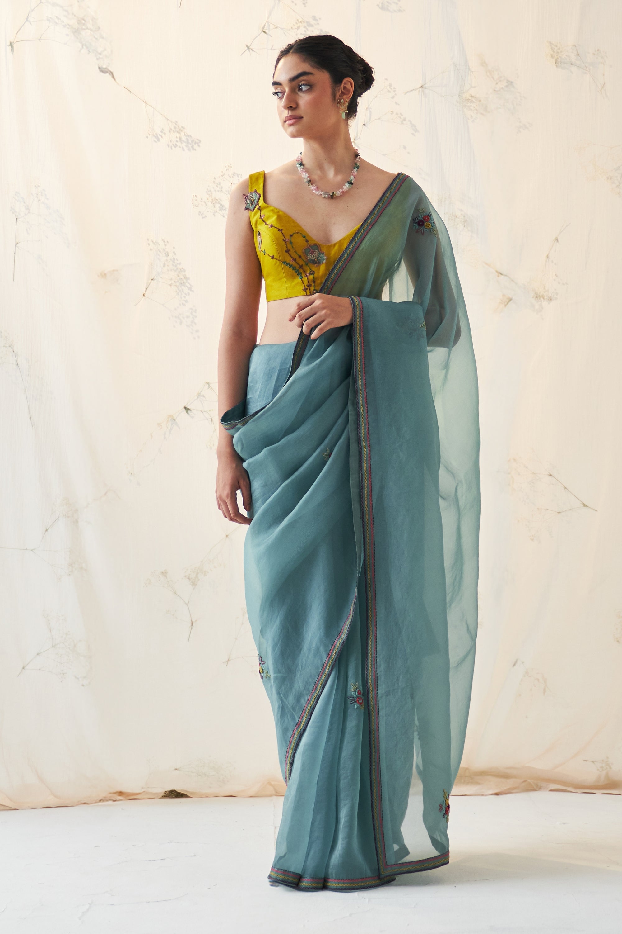 Teal Organza Saree Comes With Yellow Chanderi Stitched Blouse & Organic Cotton Stitched Petticoat