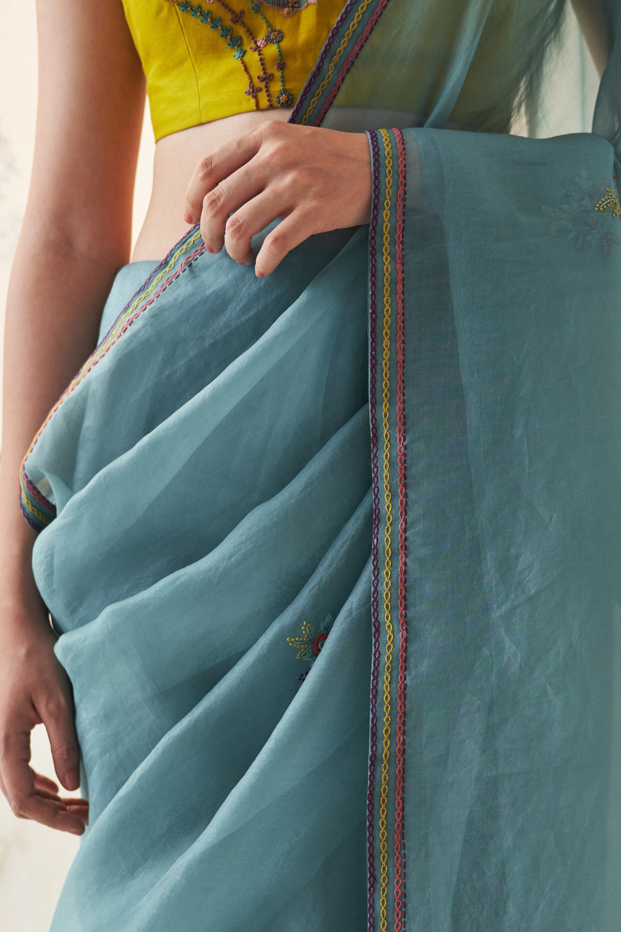 Teal Organza Saree Comes With Yellow Chanderi Stitched Blouse & Organic Cotton Stitched Petticoat