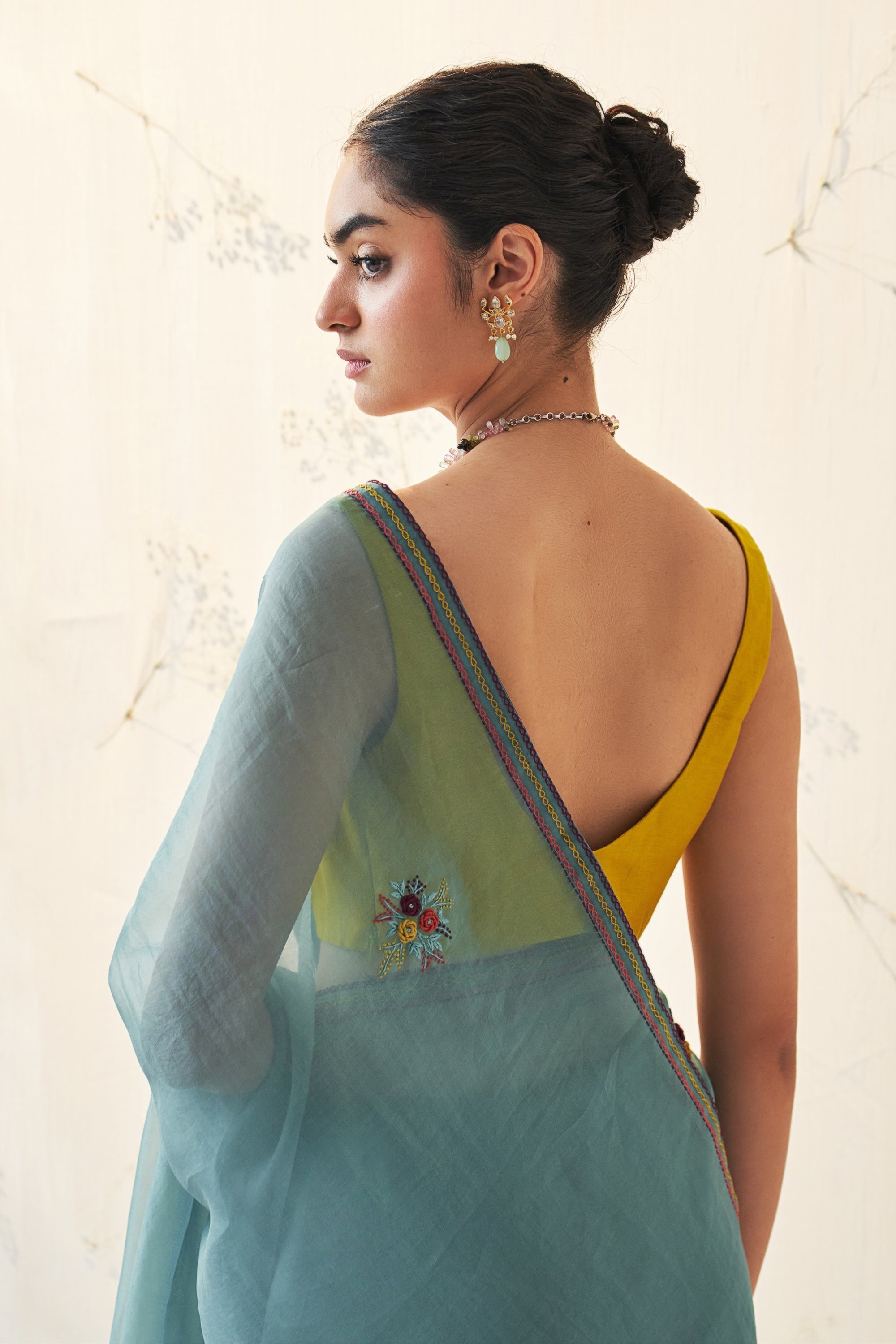 Teal Organza Saree Comes With Yellow Chanderi Stitched Blouse & Organic Cotton Stitched Petticoat