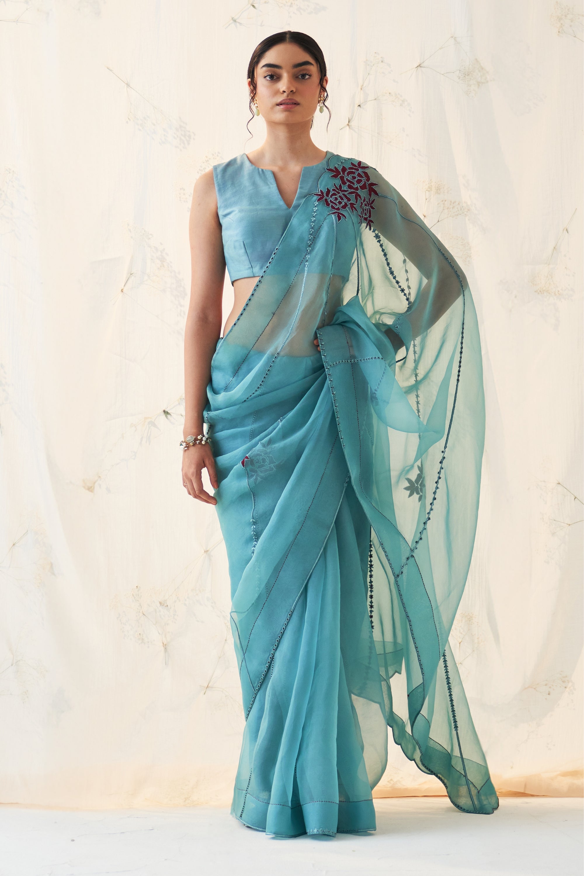 Teal Organza Saree Comes With Chanderi Stitched Blouse & Organic Cotton Stitched Petticoat