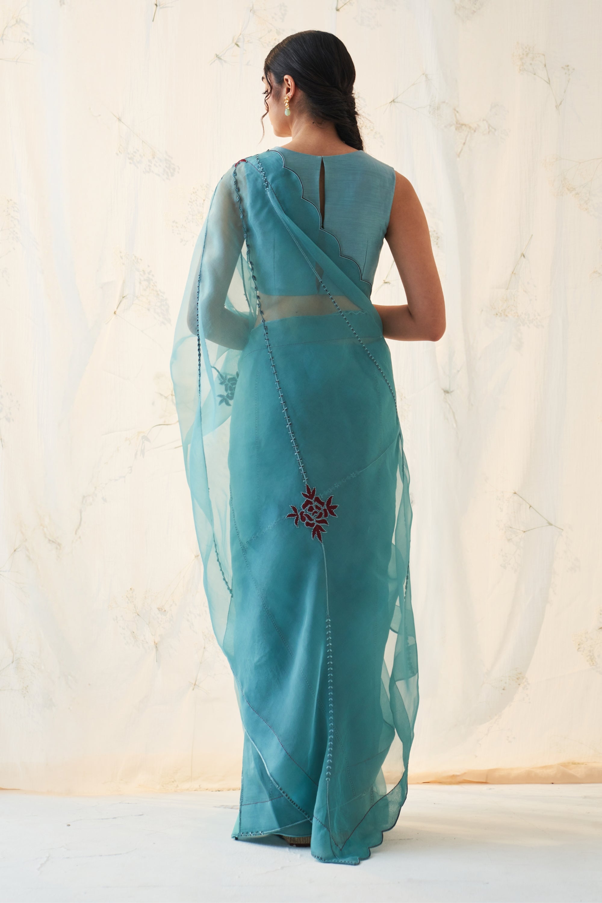 Teal Organza Saree Comes With Chanderi Stitched Blouse & Organic Cotton Stitched Petticoat