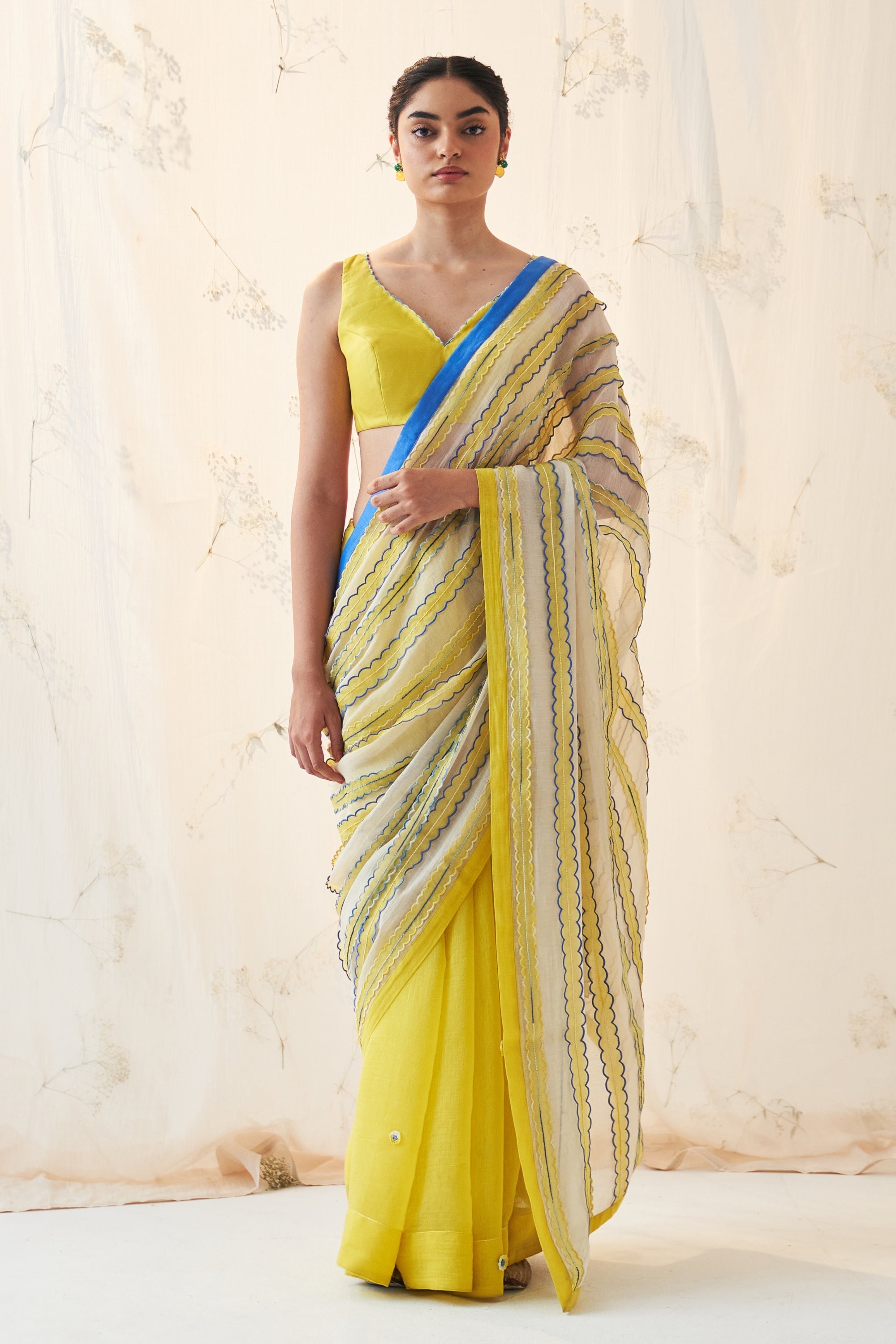 Ivory-Yellow Chanderi Saree Comes With Chanderi Stitched Blouse & Organic Cotton Stitched Petticoat