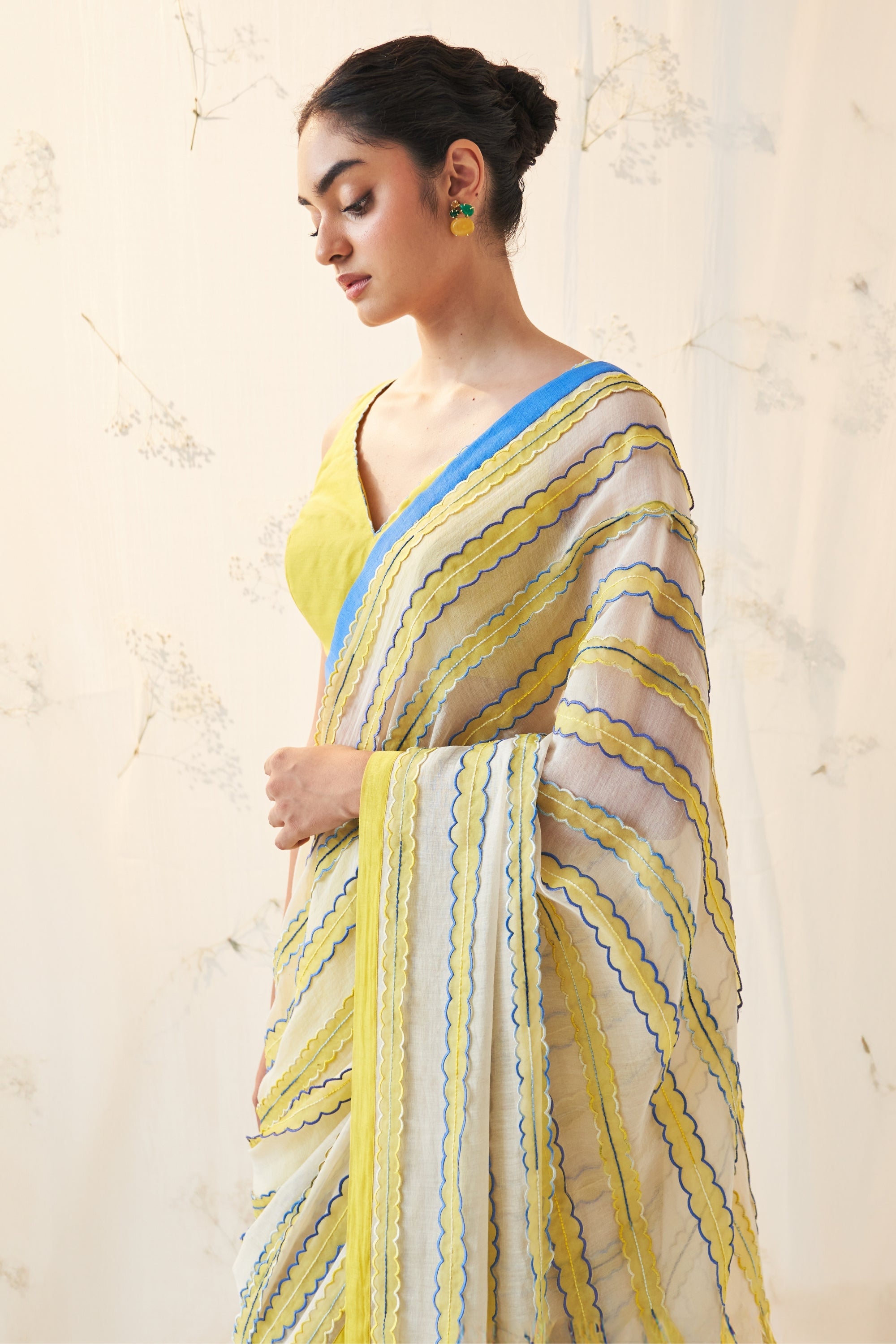 Ivory-Yellow Chanderi Saree Comes With Chanderi Stitched Blouse & Organic Cotton Stitched Petticoat