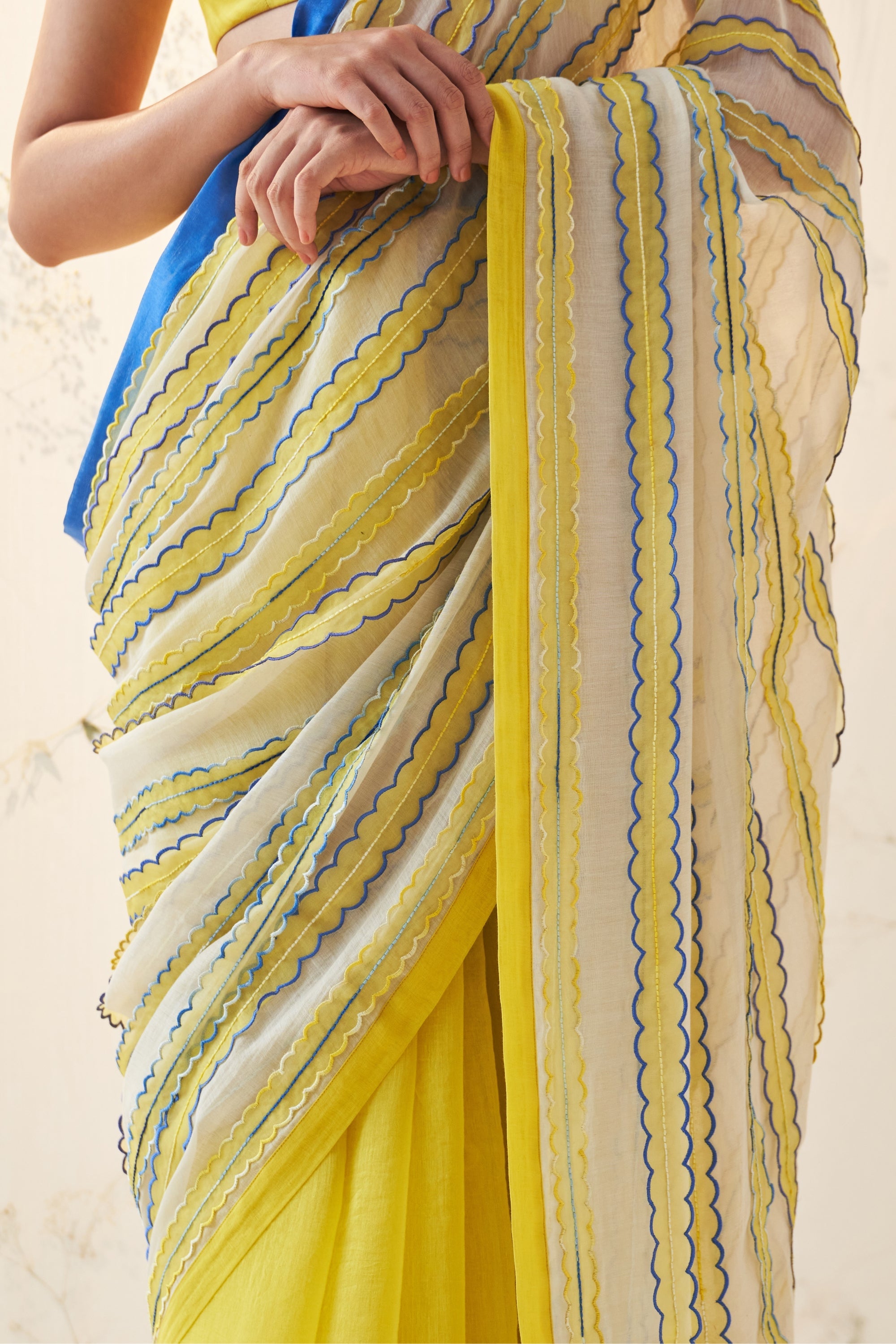 Ivory-Yellow Chanderi Saree Comes With Chanderi Stitched Blouse & Organic Cotton Stitched Petticoat