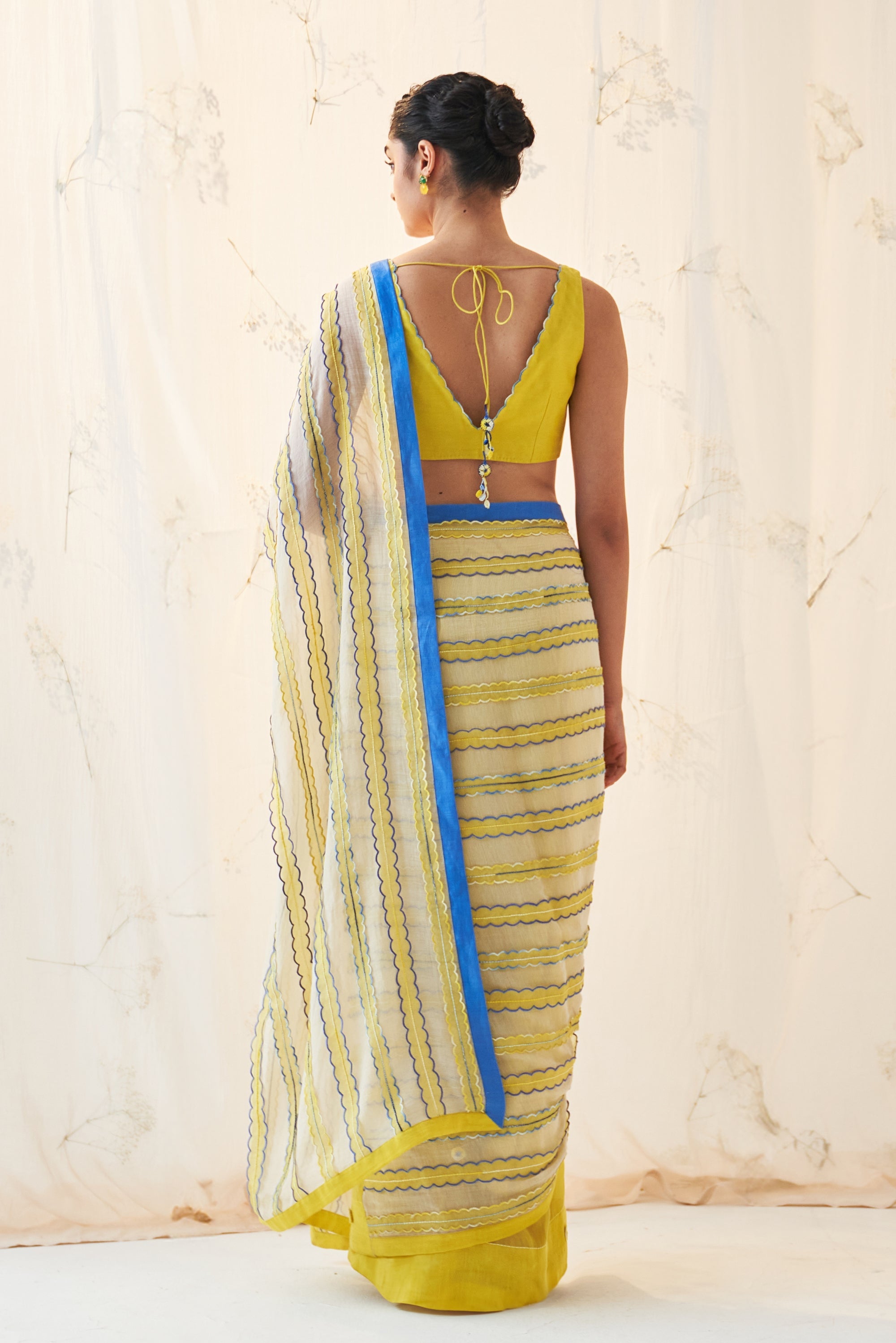 Ivory-Yellow Chanderi Saree Comes With Chanderi Stitched Blouse & Organic Cotton Stitched Petticoat