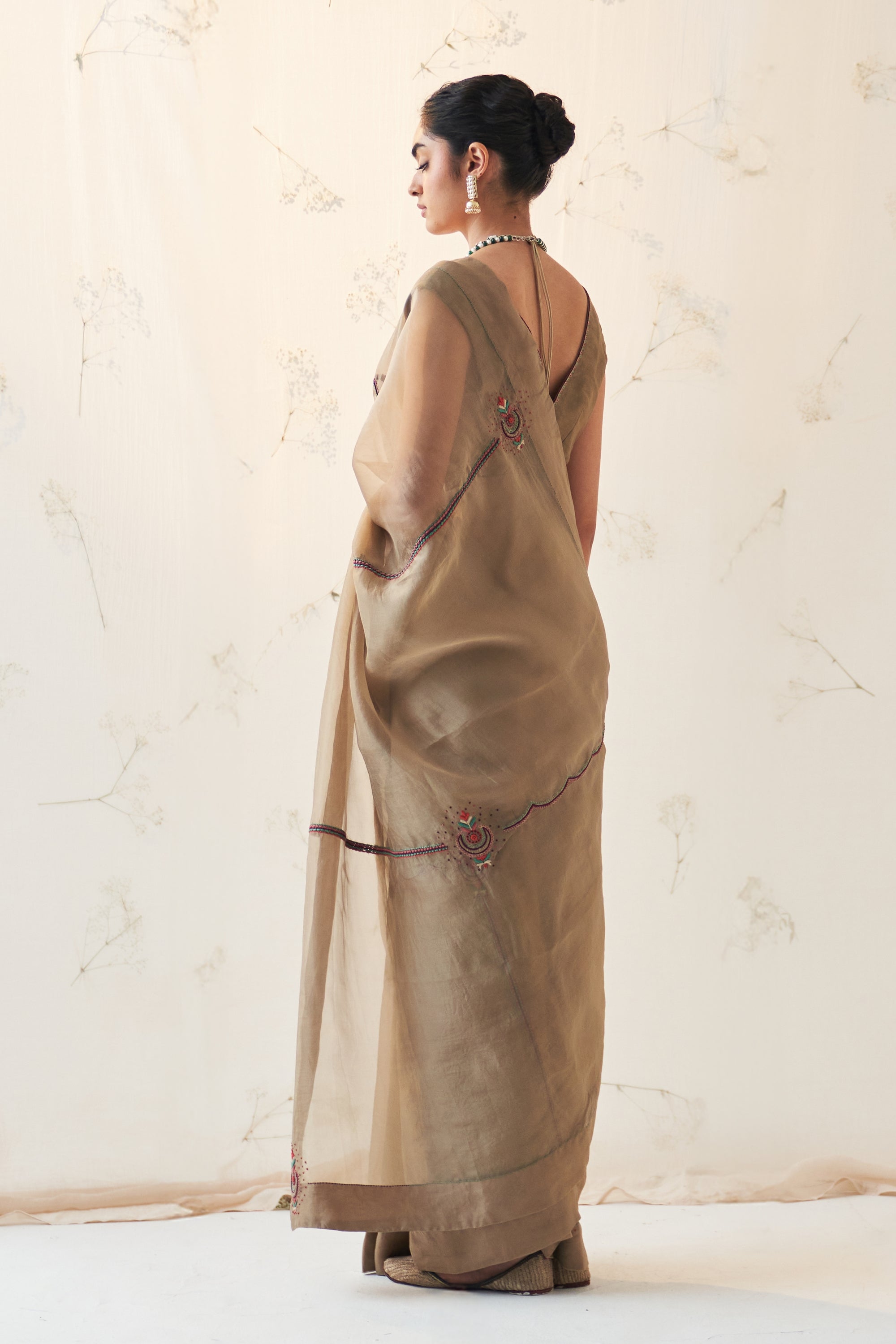 Champagne Organza Saree Comes With Chanderi Stitched Blouse & Organic Cotton Stitched Pettioat