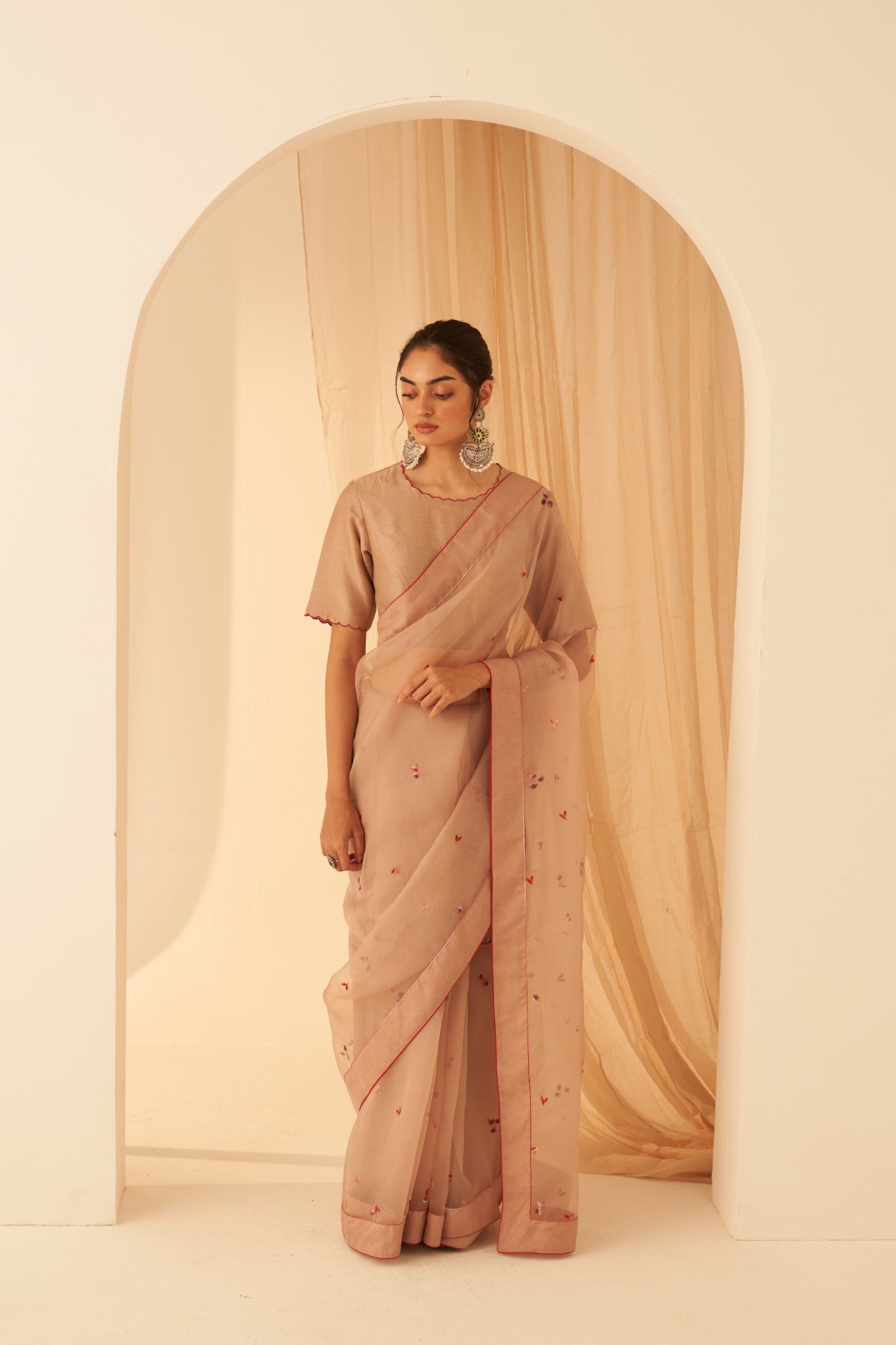 Light rose gold organza aari handwork embroidered saree paired with & organic cotton stitched petticoat